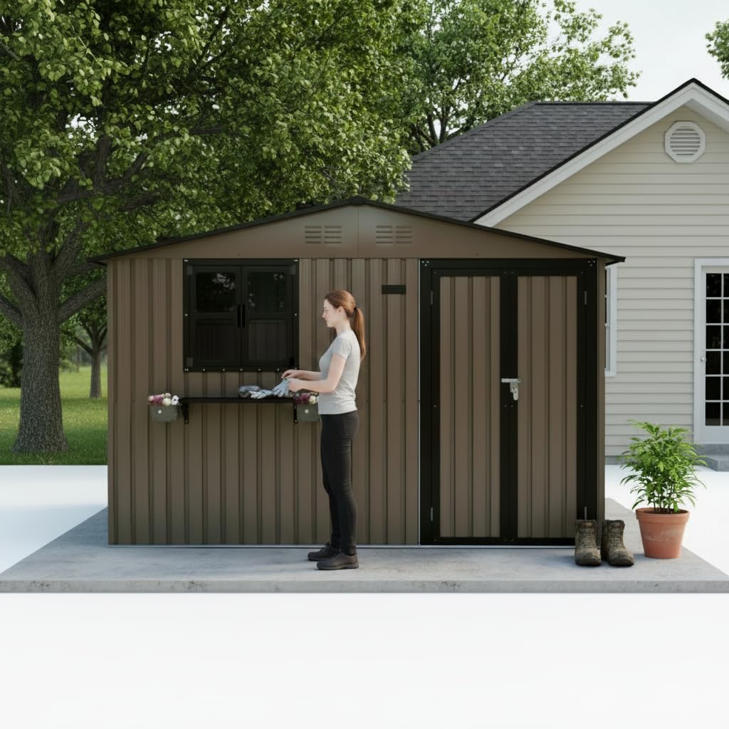 10x8 FT Storage Shed,Outdoor Metal Building Backyard Shed with 2 Clear Openable Windows,Windowsill & Garden Bed Flower Rack,Lockable Double Doors Tool Shed, Heavy Duty Waterproof,for Yard,Brown