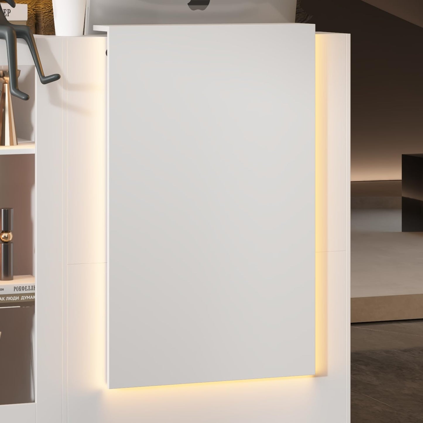 AIEGLE Modern Reception Desk, Front Desk Reception Counter, 47.2" W L Shaped Check Out Counter with Storage, LED Lights, Cable Grommet & Glass Display Shelf for Salon, Lobby, White