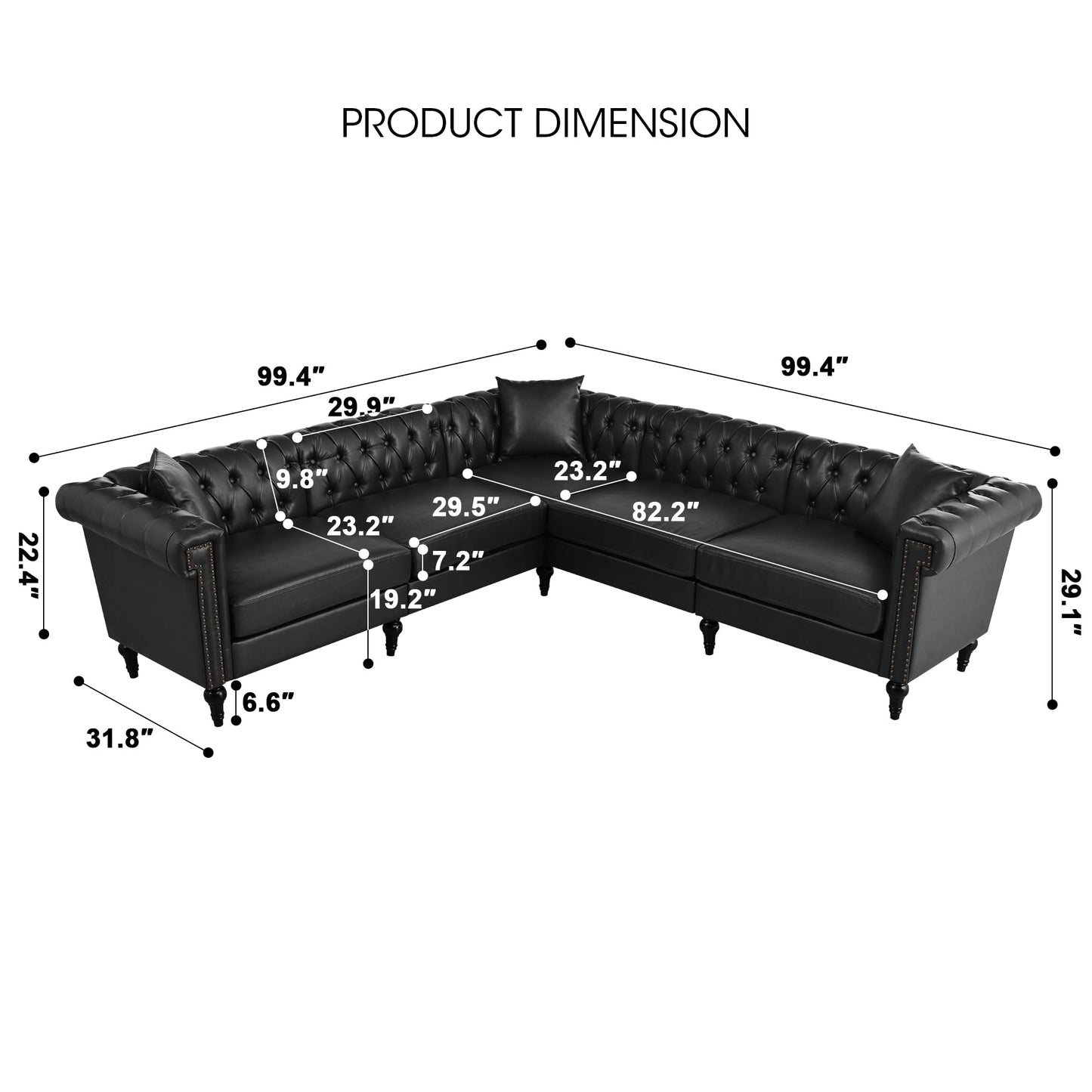 KEIKI 99" L-Shaped Luxury PU Leather Chesterfield Sectional Sofa with Rolled Arms and Nailhead, Mid-Century Style Oversized 5-Seater Button Tufted Couch, Easy Assembly, for Living Room, Black