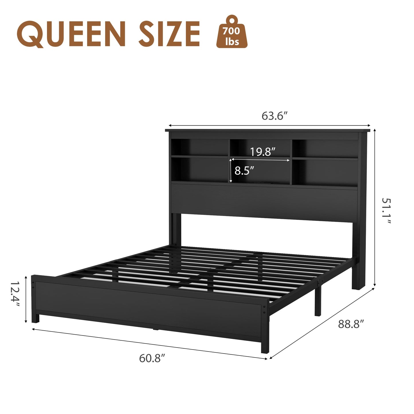 GarveeHome Queen Size Bed Frame with Bookcase Headboard, 2-Tier Storage Queen Platform Bed with Charging Station, No Box Spring Needed Easy Assemble Black Mattress Foundation for Bedroom