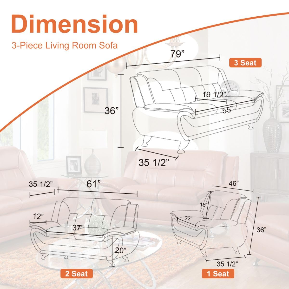 UOCFYK Lounge Comfy Faux Leather Sofa Modern Loveseat Couch for Small Living Room/Dorm/Bedroom/Office/Apartment for Small Spaces, (Orange, Two-Person Seat)