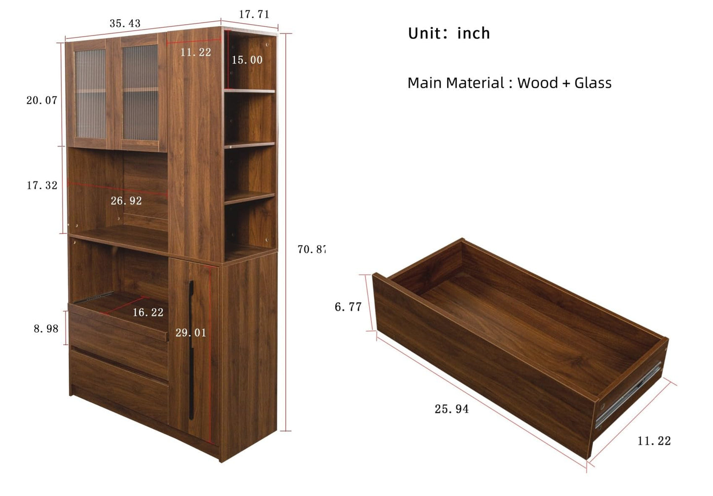 KEIKI 70.87" Tall Kitchen Pantry Storage Cabinet with Pull-Out Shelf, Side Shelves, 2 Drawers, Glass Doors & Microwave Stand, Freestanding Wood Hutch Food Pantries Cupboard for Dining Room
