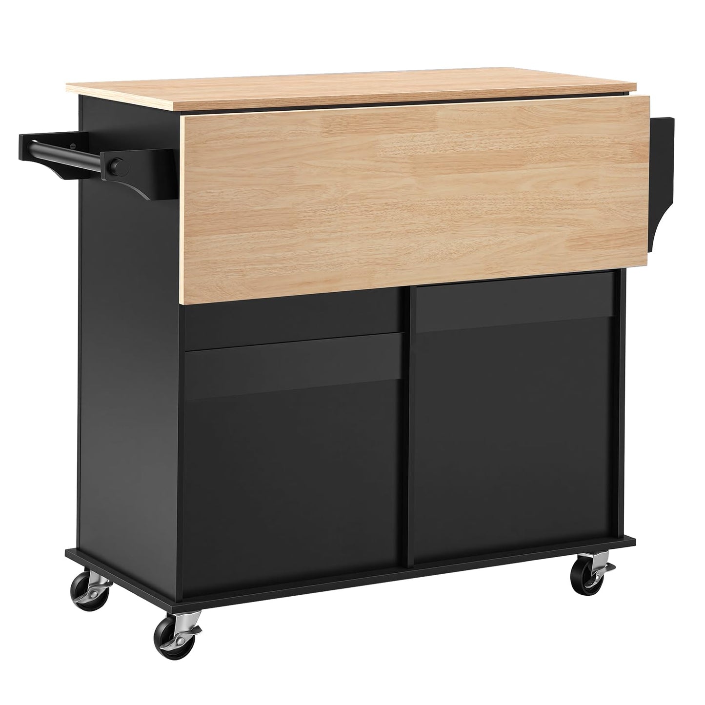 VEVOR Kitchen Island Cart with Storage, 43.58 in Wide Mobile Rolling Storage Island on Swivel Wheels, with 2 Drawers, Storage Cabinet, Drop Leaf, Spice/Towel Rack, Table for Home Dining Room, Black