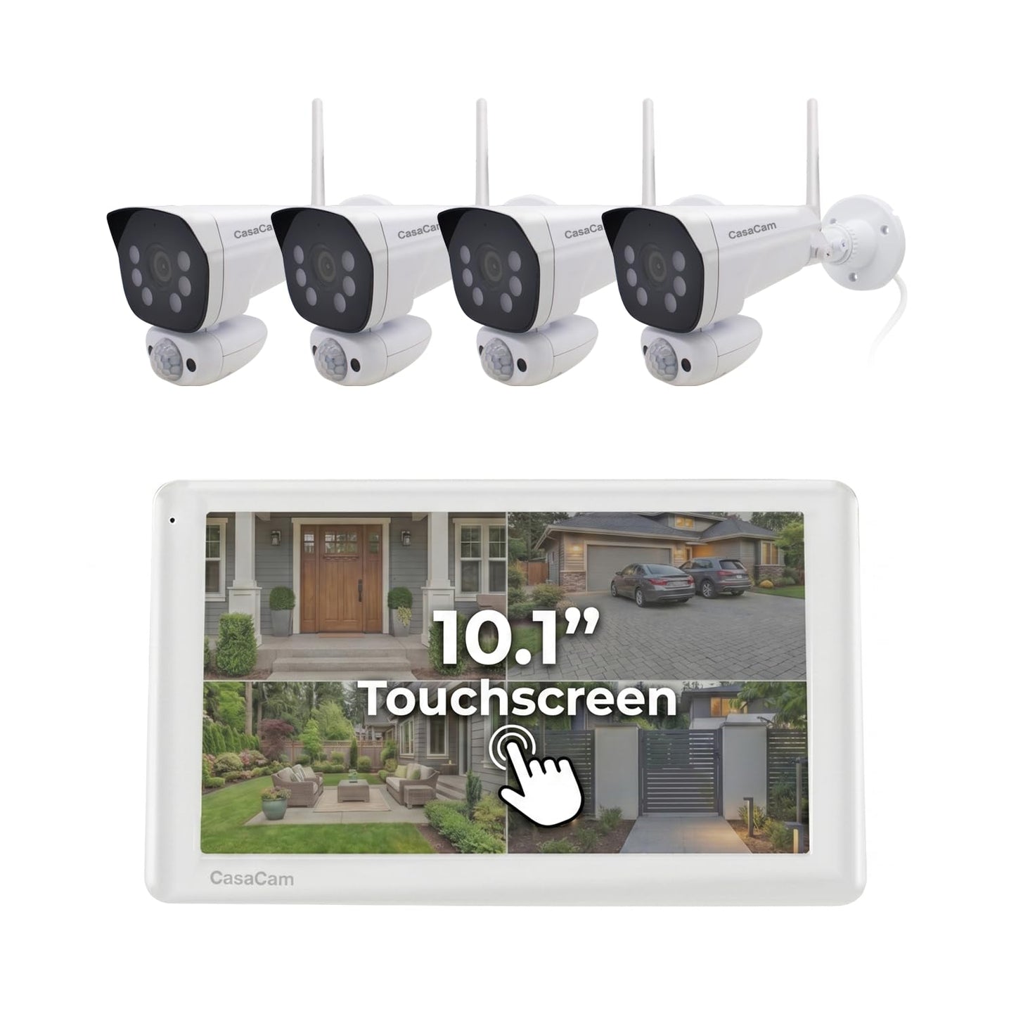 CasaCam Wireless Security Camera System Pro | 10.1” Touchscreen Monitor, 4 2K Floodlight Cameras | Indoor/Outdoor, No Monthly Fees, AI Detection, 2-Way Audio, 64GB SD Card, Model VS6104-64
