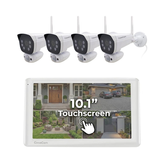 CasaCam Wireless Security Camera System Pro | 10.1” Touchscreen Monitor, 4 2K Floodlight Cameras | Indoor/Outdoor, No Monthly Fees, AI Detection, 2-Way Audio, 64GB SD Card, Model VS6104-64