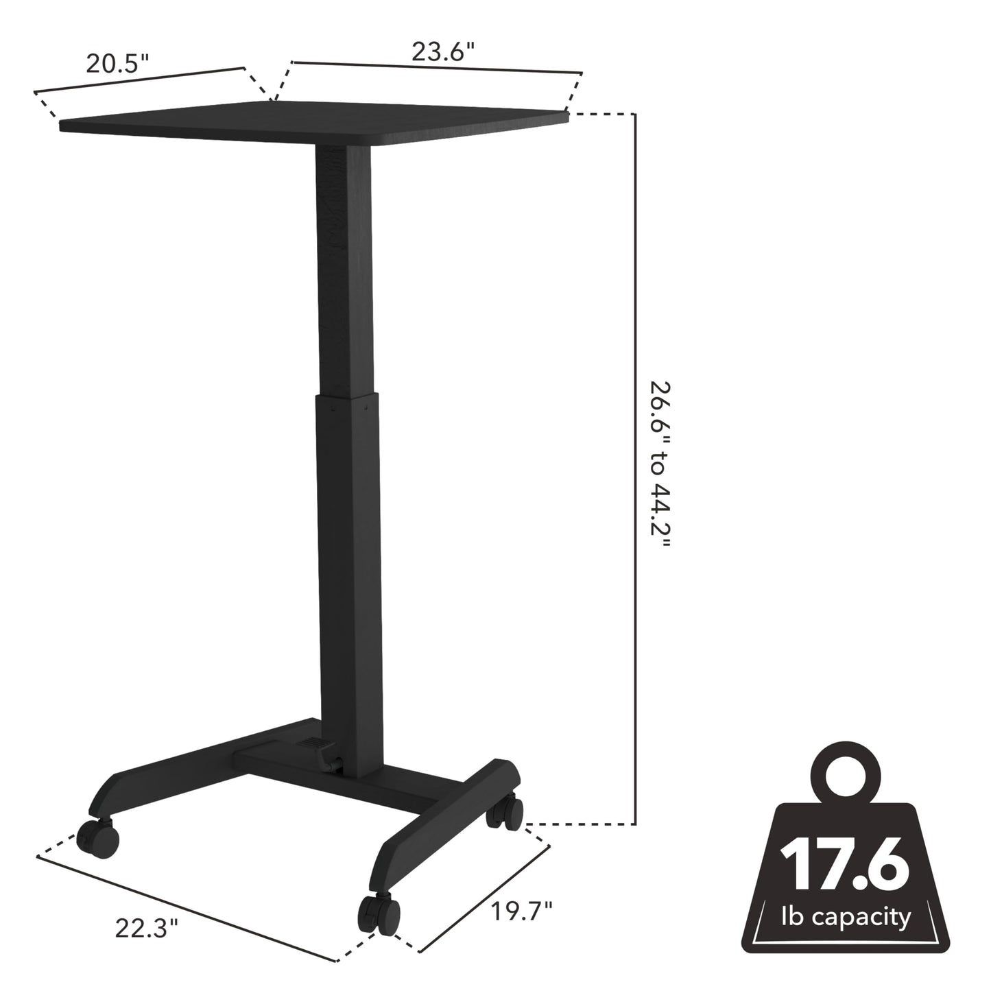 Mount-It! Rolling Laptop Desk Adjustable Height (29.6”-44.2”), Mobile Workstation Cart with 23.6” x 20.5” Desktop, Small Sit-Stand Desk for Home, Office, or Classroom in Black