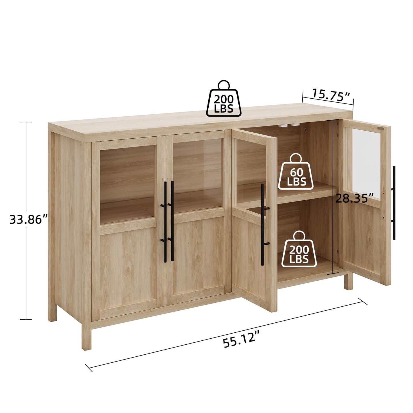 GarveeLife Sideboard Buffet Cabinet with 4 Glass Doors, 55 Inch Coffee Bar Wine Display Cabinet, Modern Storage Console for Kitchen Dining Room Living Room, Natural