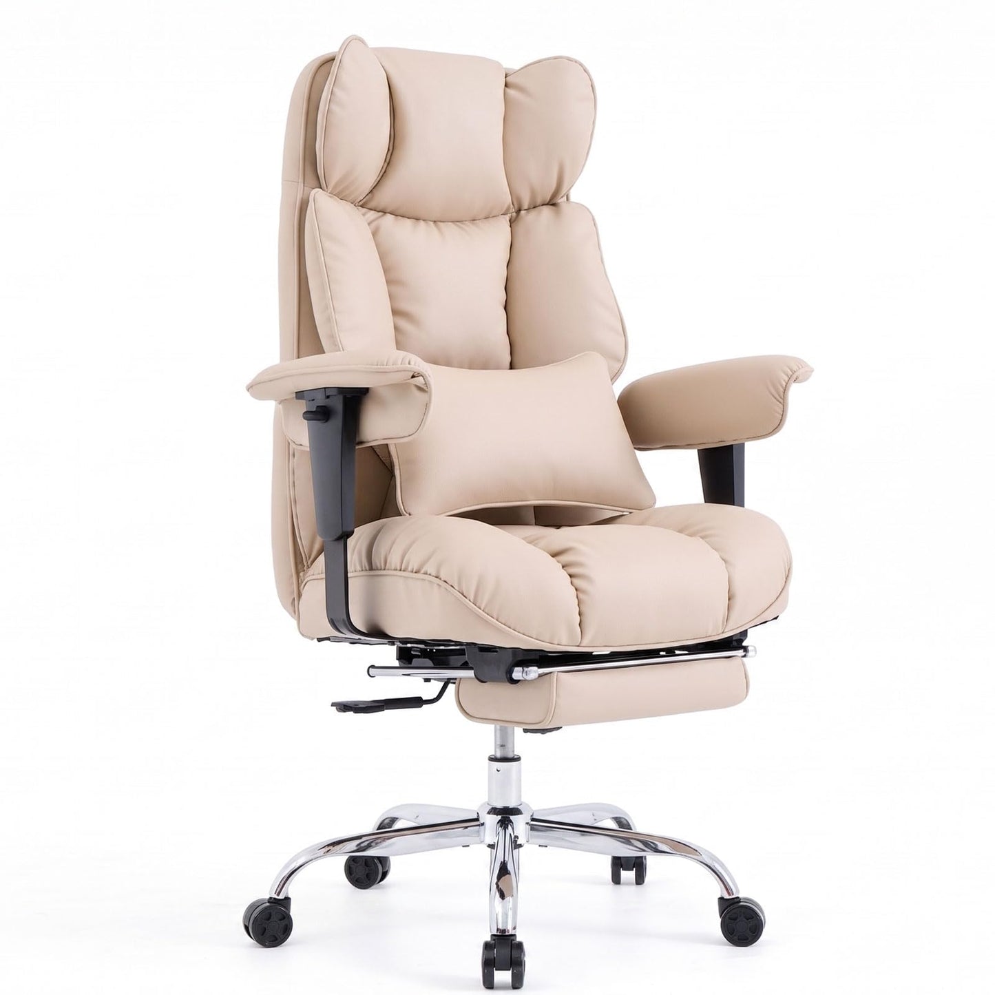 Efomao Big and Tall Office Chair 400lbs - Heavy Duty Reclining Desk Chair with Footrest, Spacious High Back PU Leather Executive Chair, Double-Layer Spring Support, Dark Beige