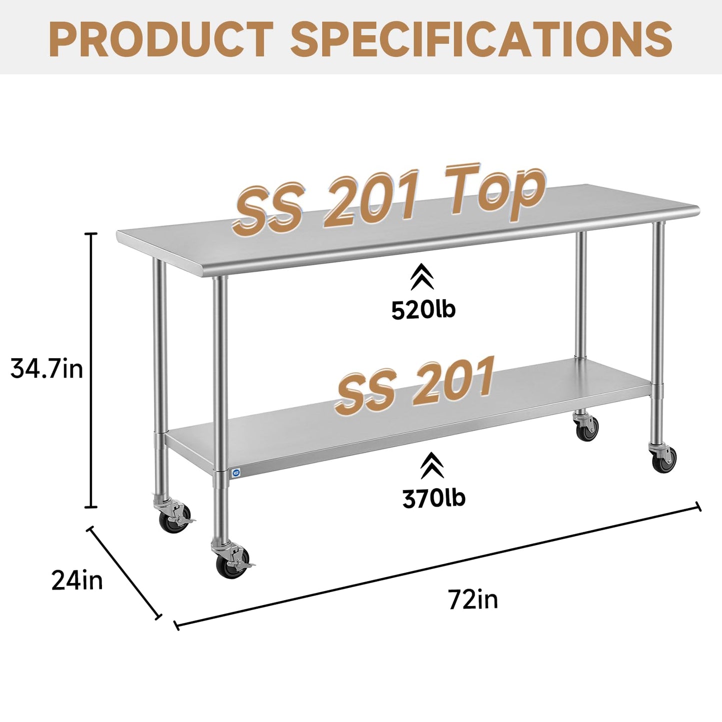 ROCKPOINT All Stainless Steel Prep Table with Caster 24x72 Inch, Commercial Heavy Duty Workbench with Stainless Legs & Adjustable Undershelf, 890 lb Capacity for Outdoor Kitchens with Wheel