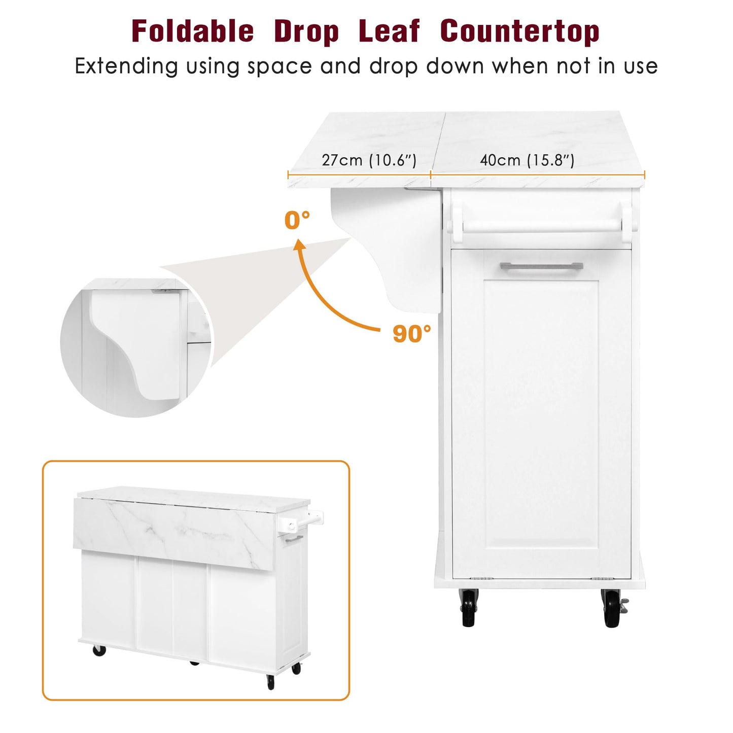 Merax 50.7" Kitchen Island with Storage Tilt Trash Can Cabinet and Pull Out Cabinet Organizer, Rolling Kitchen Island on 5 Wheels with Drop Leaf, 2 Drawers, 1Door for Dining Room, White