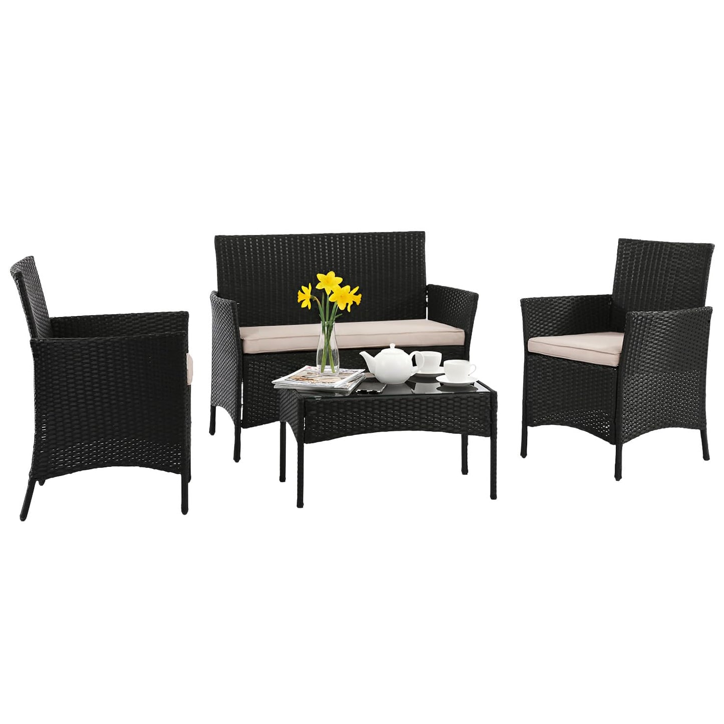 FDW Rattan Furniture Wicker Chair Patio Bristo Set for Outdoor Indoor Use with Loveseats Coffee Table,Khaki Cushion, 4-Pieces