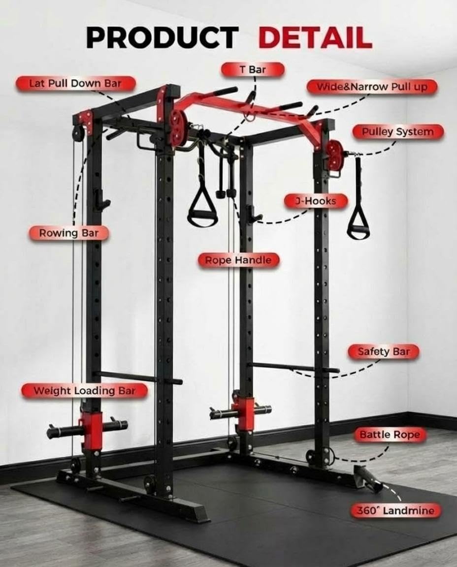 ExploreHorizon Power Cage with LAT Pulldown & Cable Crossover System, 2000LBS Multi-Functional Power Rack, All-in-1 Weight Cage Home Gym with Adjustable Pulley System, Squat Rack for Garage, Home