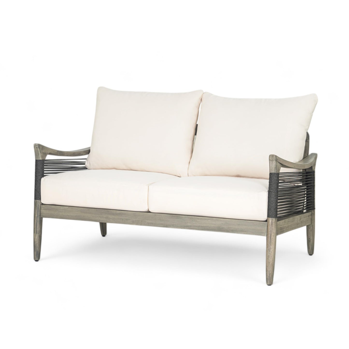 Christopher Knight Home Havets 2 Piece Patio Conversation Sets, Outdoor Acacia Wood Patio Seating Group,Woven Rope Loveseat with Cushions and Coffee Table for Porch Garden Backyard Balcony, Gray+Beige