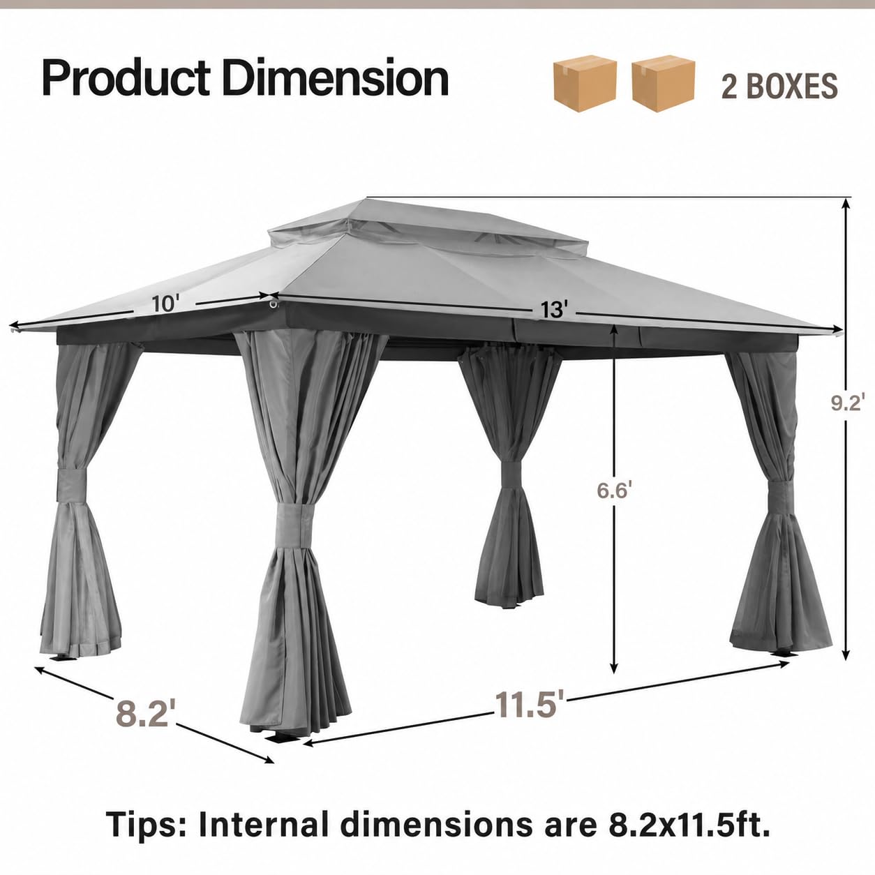 LAUSAINT HOME Patio Gazebo 10'x13', Outdoor Heavy Duty Party Tent Shelter with Double Roofs, Mosquito Nettings and Privacy Screens for Backyard, Garden, Lawn, Gray