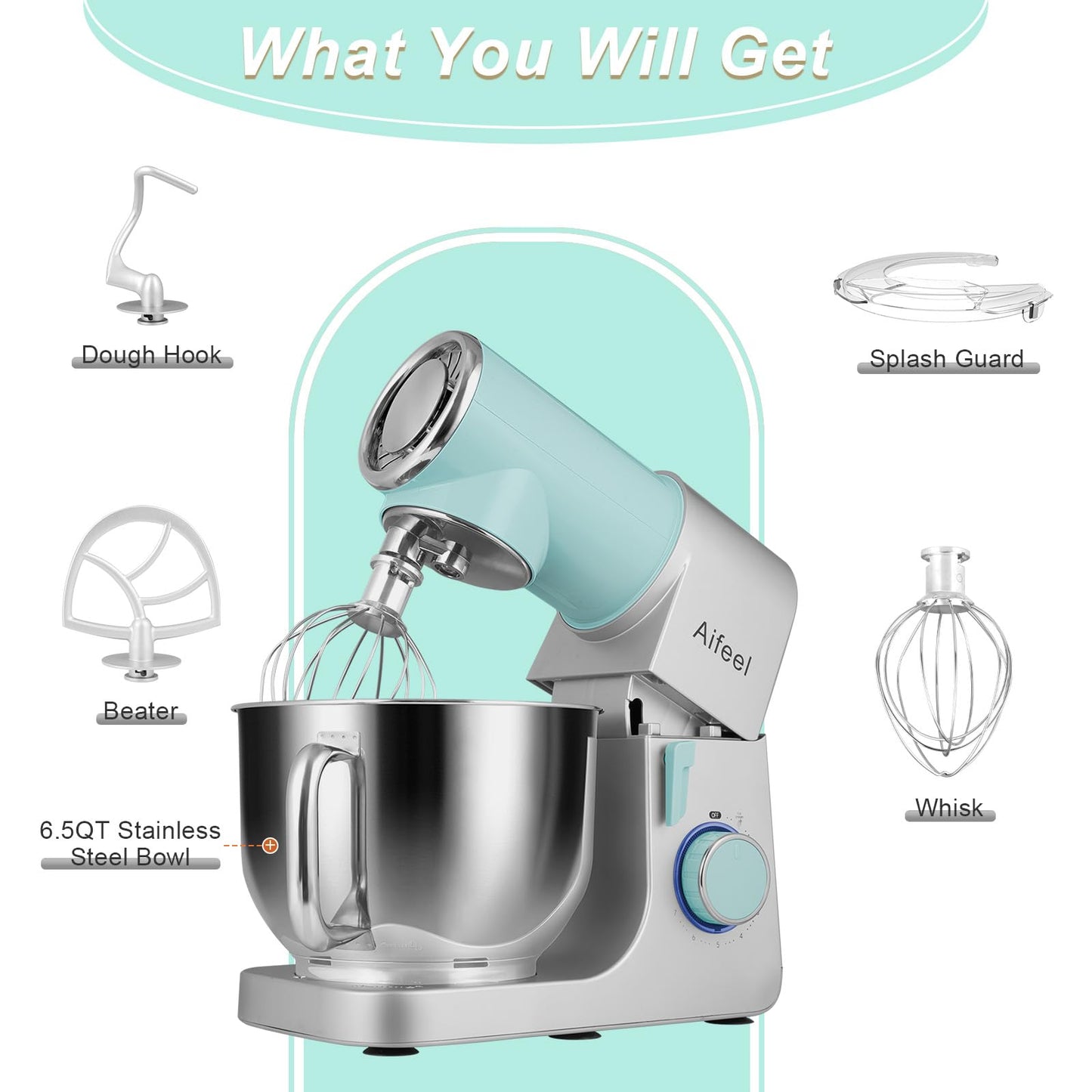 Aifeel Stand Mixer,6.5QT Tilt-Head Electric Stand Mixer,700W DC Motor with Low Noise,Kitchen Mixer with Dough Hook,Beater,Whisk,Dishwasher-Safe Attachments for Baking(Green/Silver)
