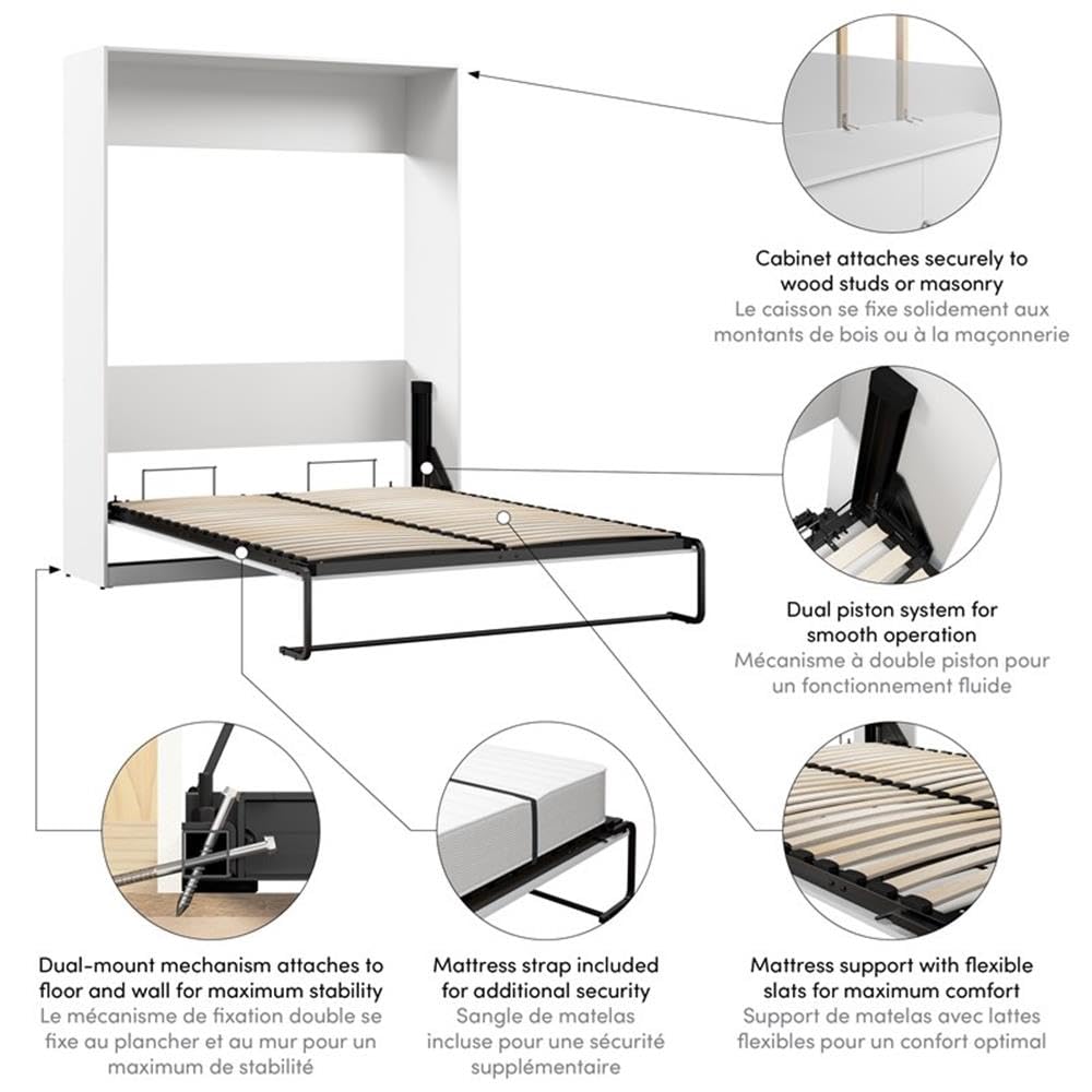 Pemberly Row Modern Queen Murphy Bed, Engineered Wood, White Finish, 85.63H x 64.41W x 91.16D, Dual Piston System, Fold Down Wall Bed, Space Saving Design, Bedroom Furniture