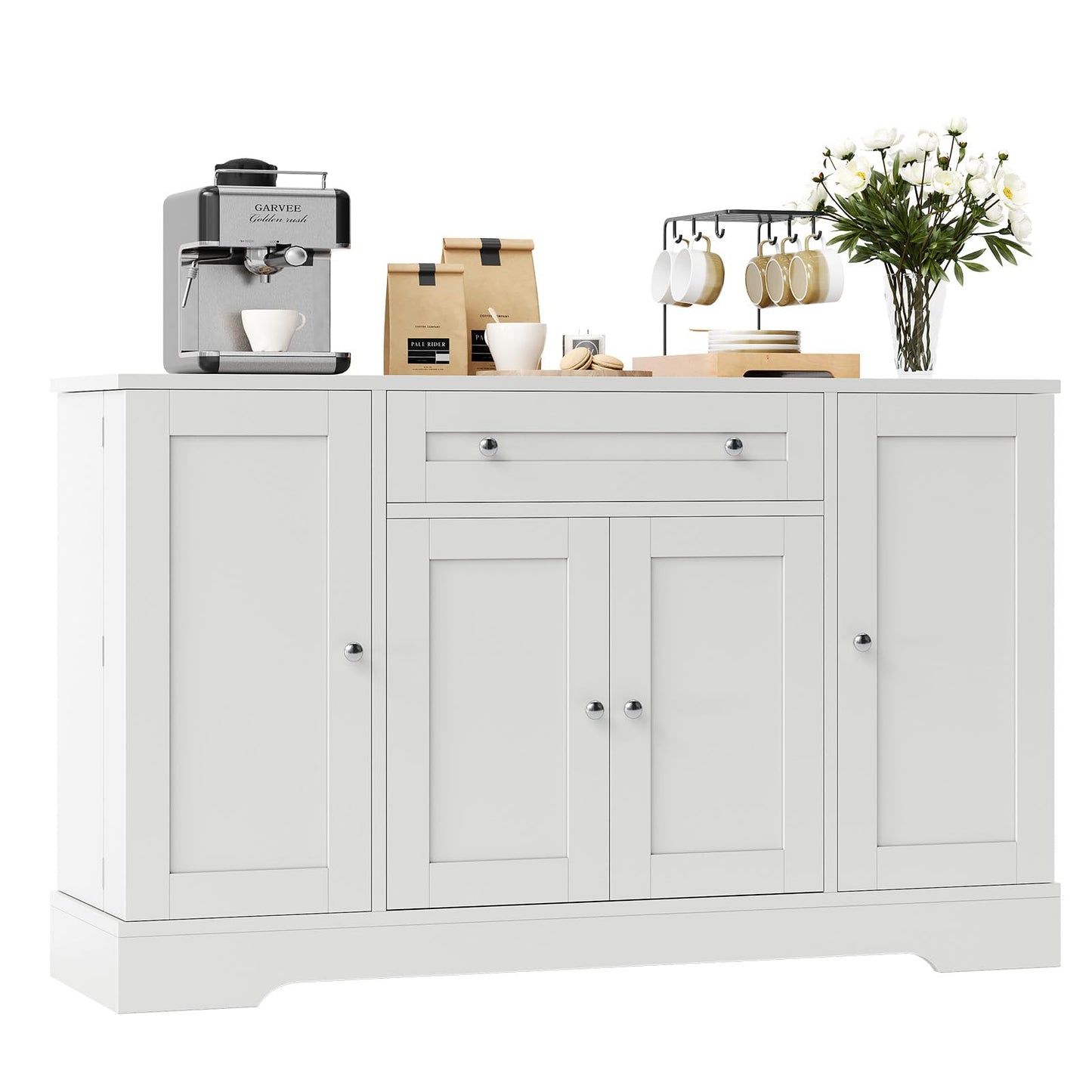 MegaChoice Modern Sideboard Buffet Cabinet with Storage, 55 in Wood Coffee Bar Cabinet with Drawer, Shelves & Door Shelves, Buffet Table Credenzas for Kitchen Dining Room Living Room, White