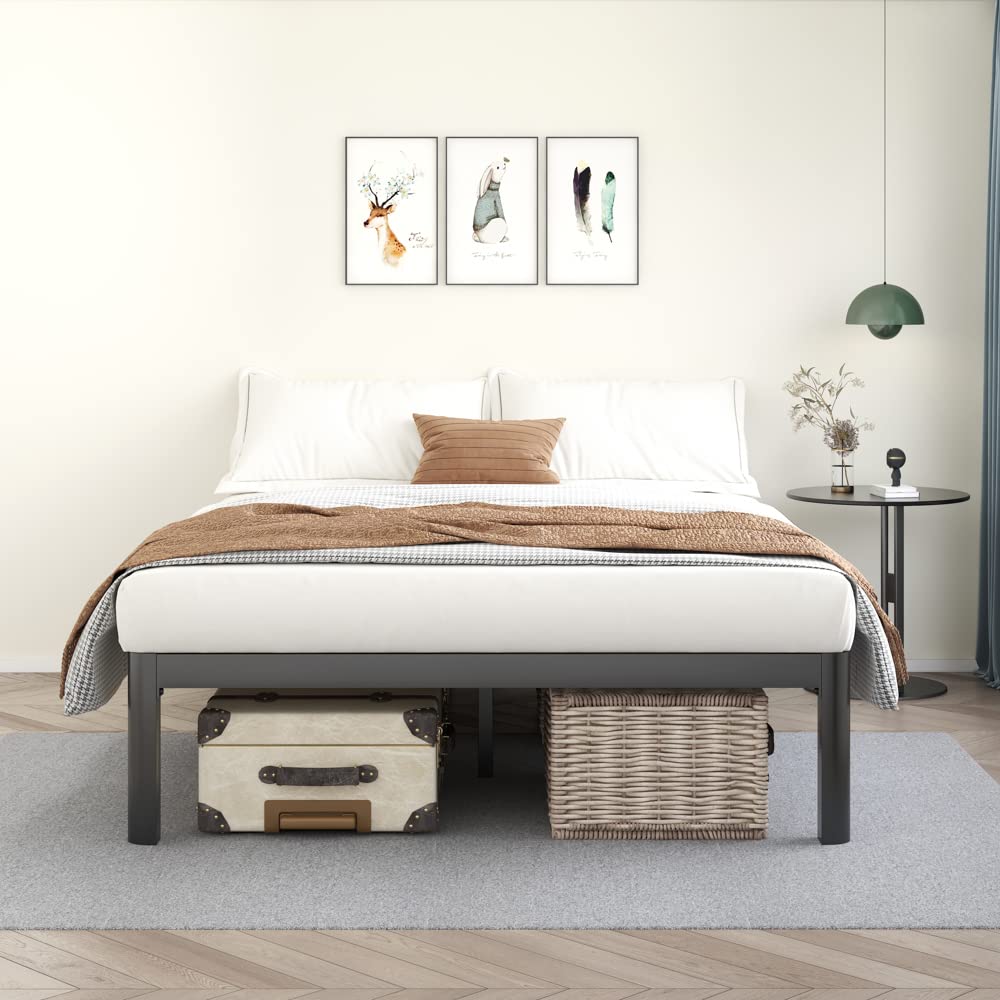 MAF Metal 18 Inch Queen Platform Bed Frame with Anti-Collision Round Legs, Black 3500 Lbs Heavy Duty Bed Frame with Wood Slats, No Box Spring Needed, Easy Assembly