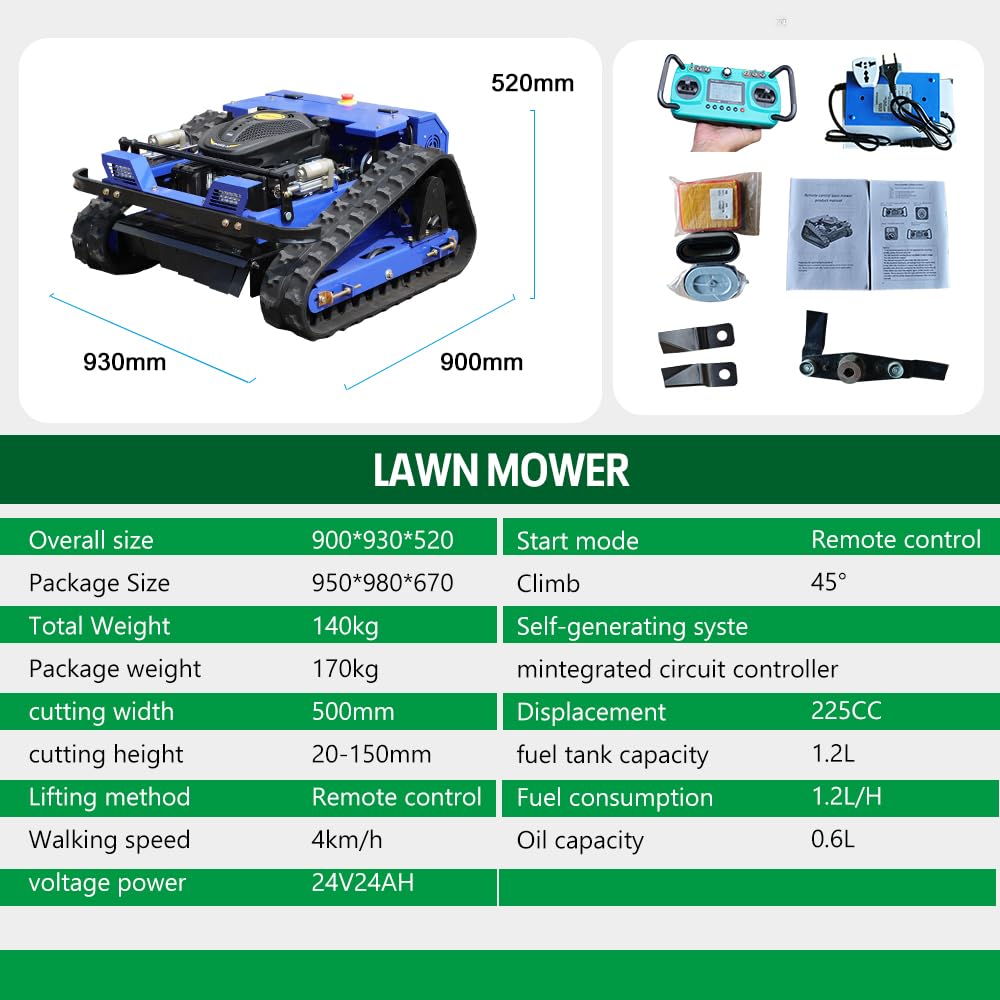 Remote Control Lawn Mower–700m Range, Hybrid Gas-Electric Power, Track Design, All-Terrain, Adjustable Cutting Height (0.79-5.9 inches)