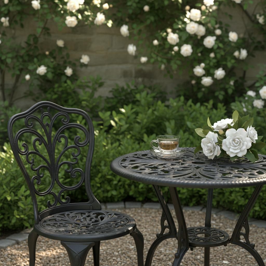 GDFStudio 3-Piece Outdoor Cast Aluminum Patio Bistro Set, Outdoor Bistro Furniture Set with Round Table and 2 Chairs for Patio, Balcony, Porch, Garden & Backyard, Weather-Resistant Patio Set, Black