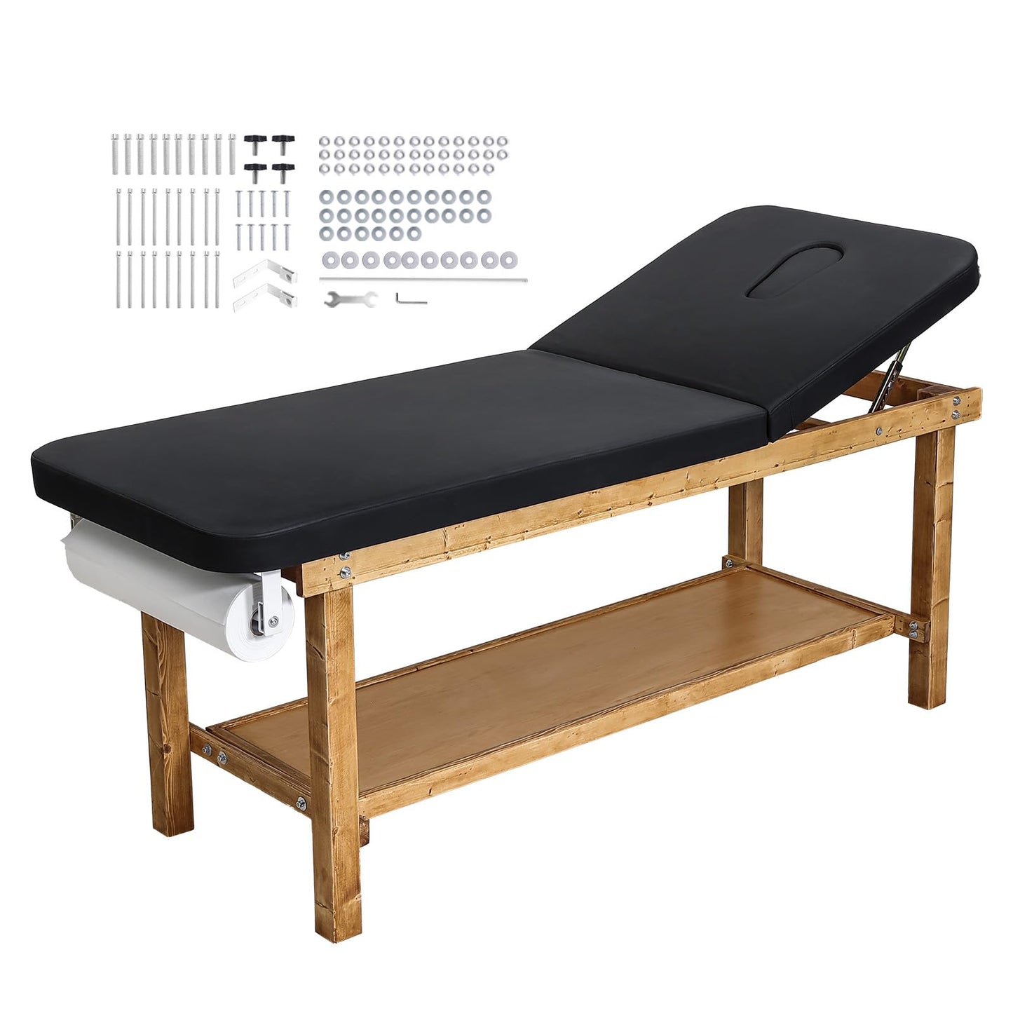 VEVOR Medical Exam Table, Wooden Framed Medical Examination Bed, Physical Therapy Exam Table with Adjustable Backrest, Storage Shelf & Paper Roll Dispenser for Hospitals Clinics Rehab Centers, 500LBS