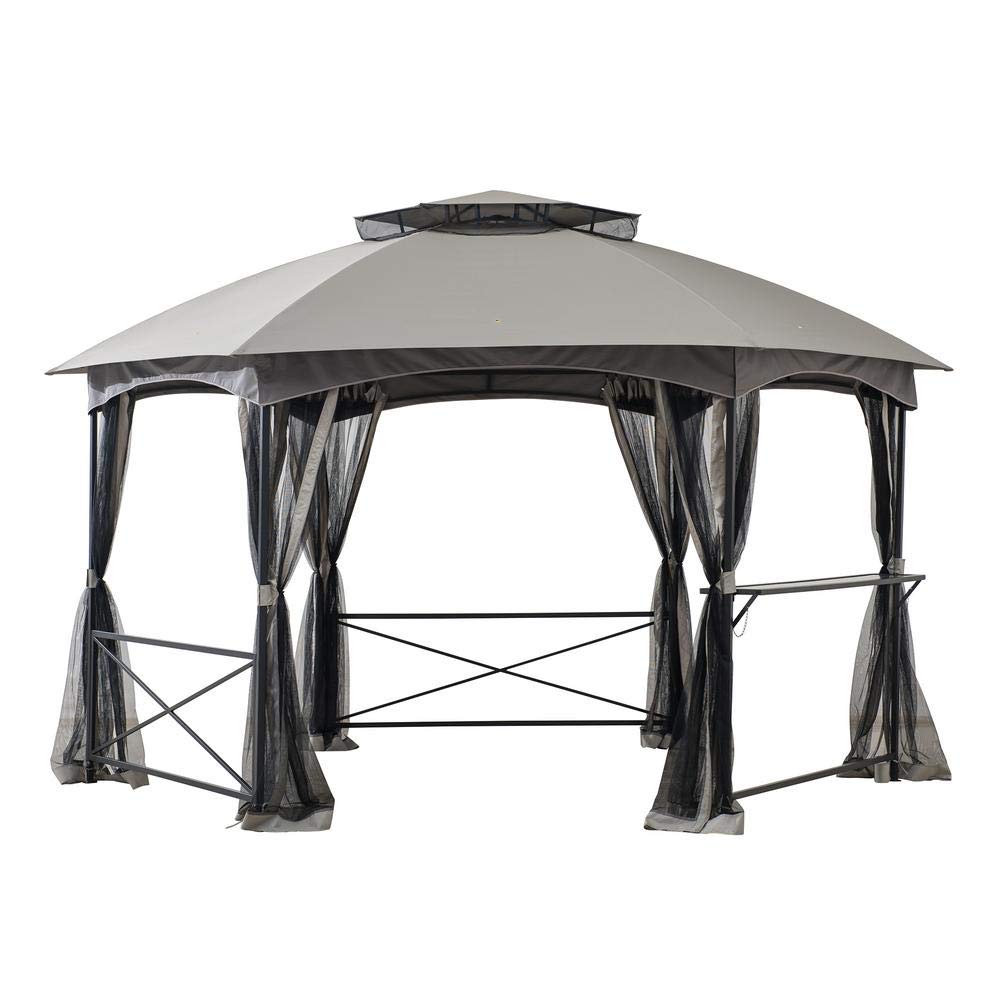 Sunjoy 15x15 ft. Soft Top Gazebo, Hexagon Steel Framed Patio Outdoor Backyard Gazebo with 2-Tier Dome Roof, Netting, Ceiling Hook, and Bar Shelf, Gray