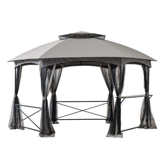 Sunjoy 15x15 ft. Soft Top Gazebo, Hexagon Steel Framed Patio Outdoor Backyard Gazebo with 2-Tier Dome Roof, Netting, Ceiling Hook, and Bar Shelf, Gray