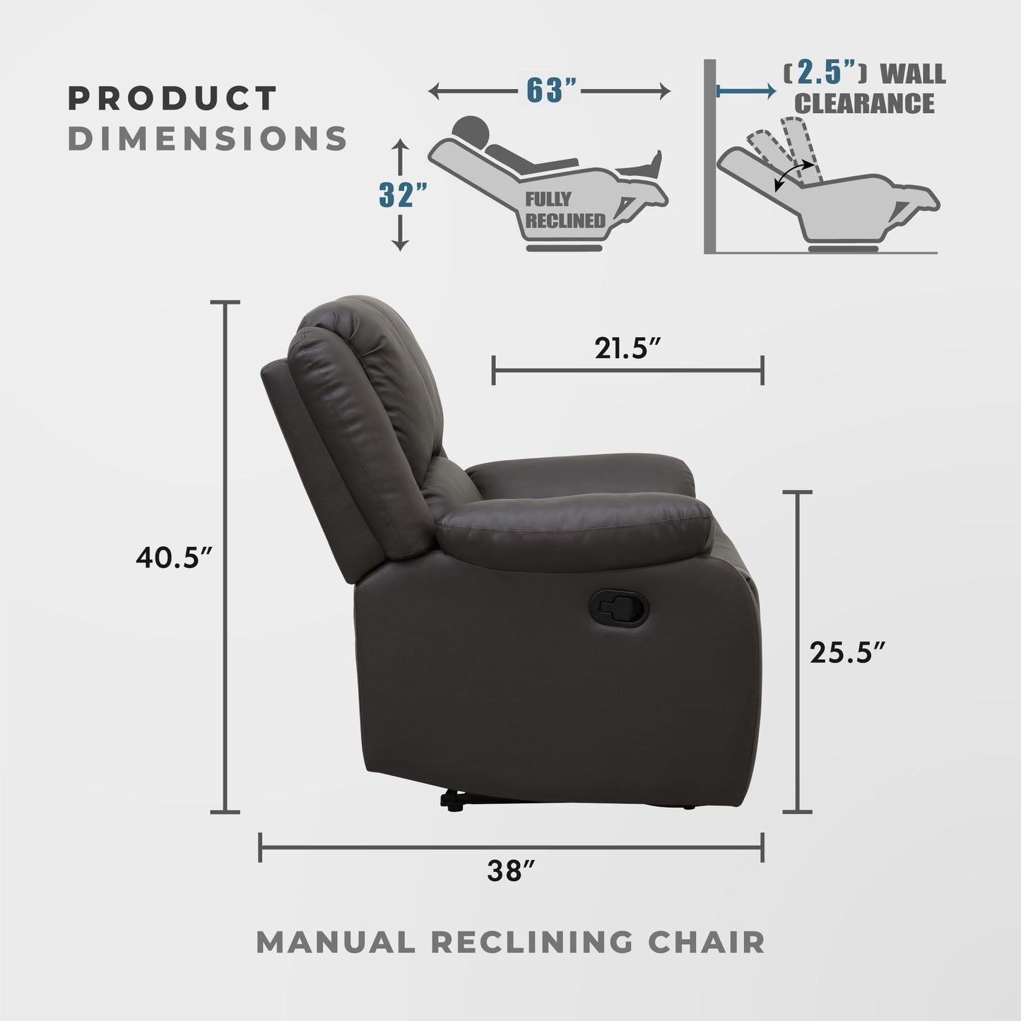 Lexicon Manual Recliner Sofa Chair, Home Theater Seating, Wall Hugger Manual Reclining Nursery Chair for Bedroom/Living Room/Office/Apartment, Dark Brown Faux Leather