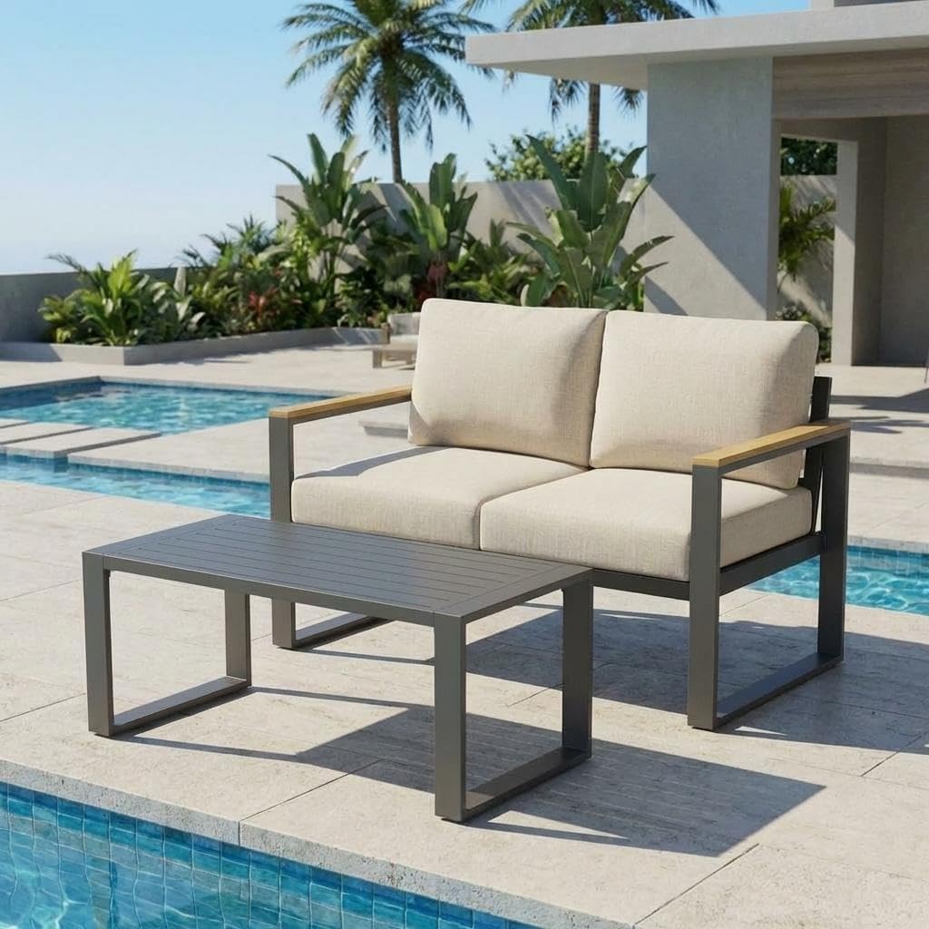 Aluminum Outdoor Patio Furniture - 1 Pcs Loveseat and Coffee Table, All-Weather Metal Modern Outside Furniture with Washable Thick Cushion for Balcony, Garden, Deck, Backyard, Beige
