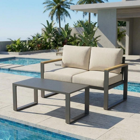Aluminum Outdoor Patio Furniture - 1 Pcs Loveseat and Coffee Table, All-Weather Metal Modern Outside Furniture with Washable Thick Cushion for Balcony, Garden, Deck, Backyard, Beige