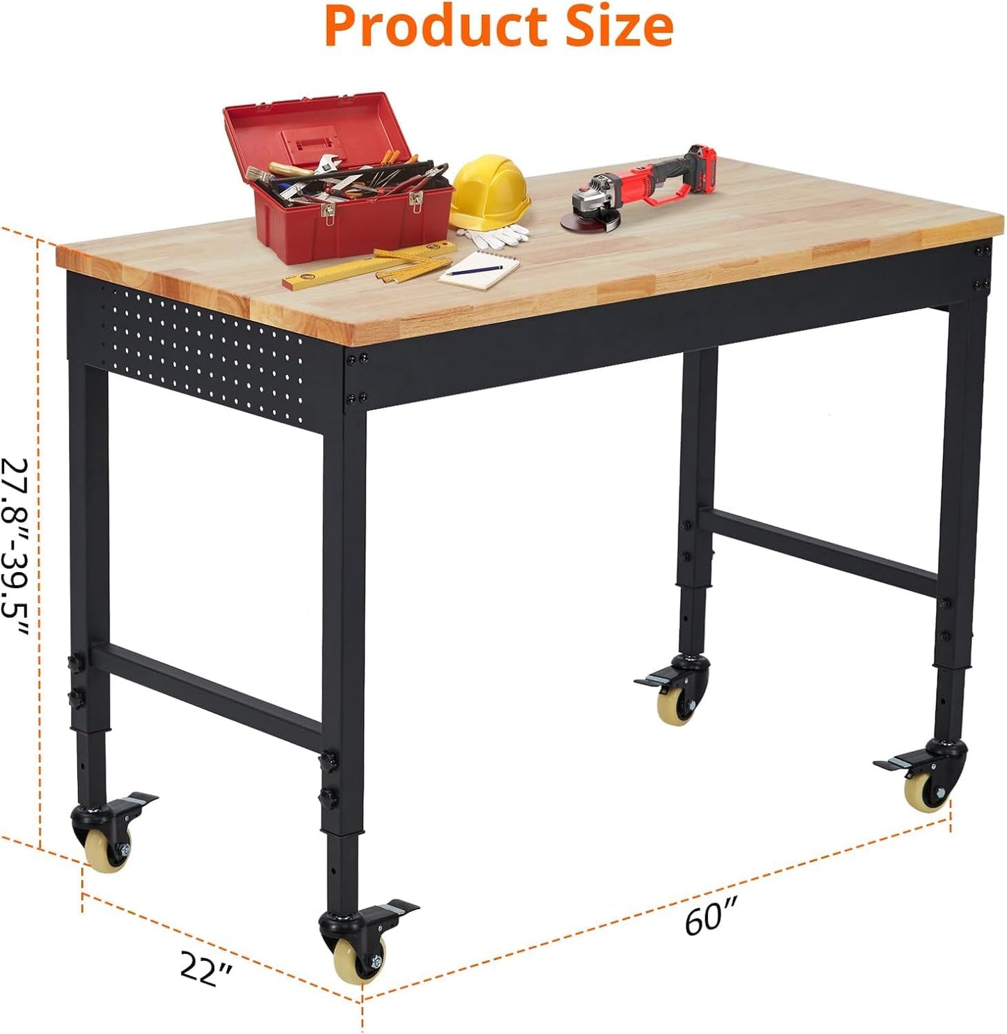 Adjustable Height Garage Workbench 60" X 22" - Heavy Duty 2000 lbs Capacity, Rubber Wood Top, Rolling Workstation with Drawer Storage, Power Outlets & Lockable Wheels - Perfect for Workshop
