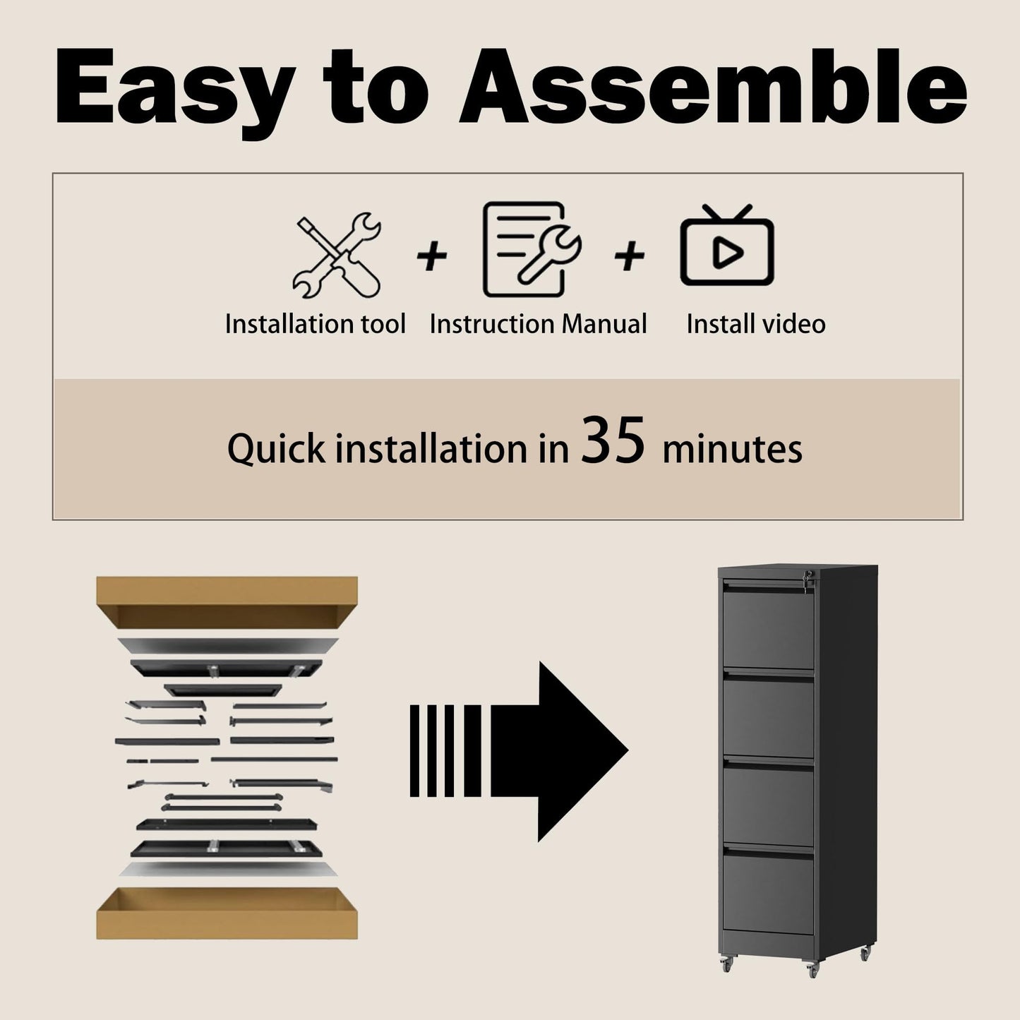 FOSTOKO File Cabinet with Lock, 4 Drawers Filing Cabient with Wheel, Steel Vertical Filing Storage Cabinet for Home Office, Heavy-Duty File Cabinets for Letters/Legal/A4 (Require Assembly, Black)