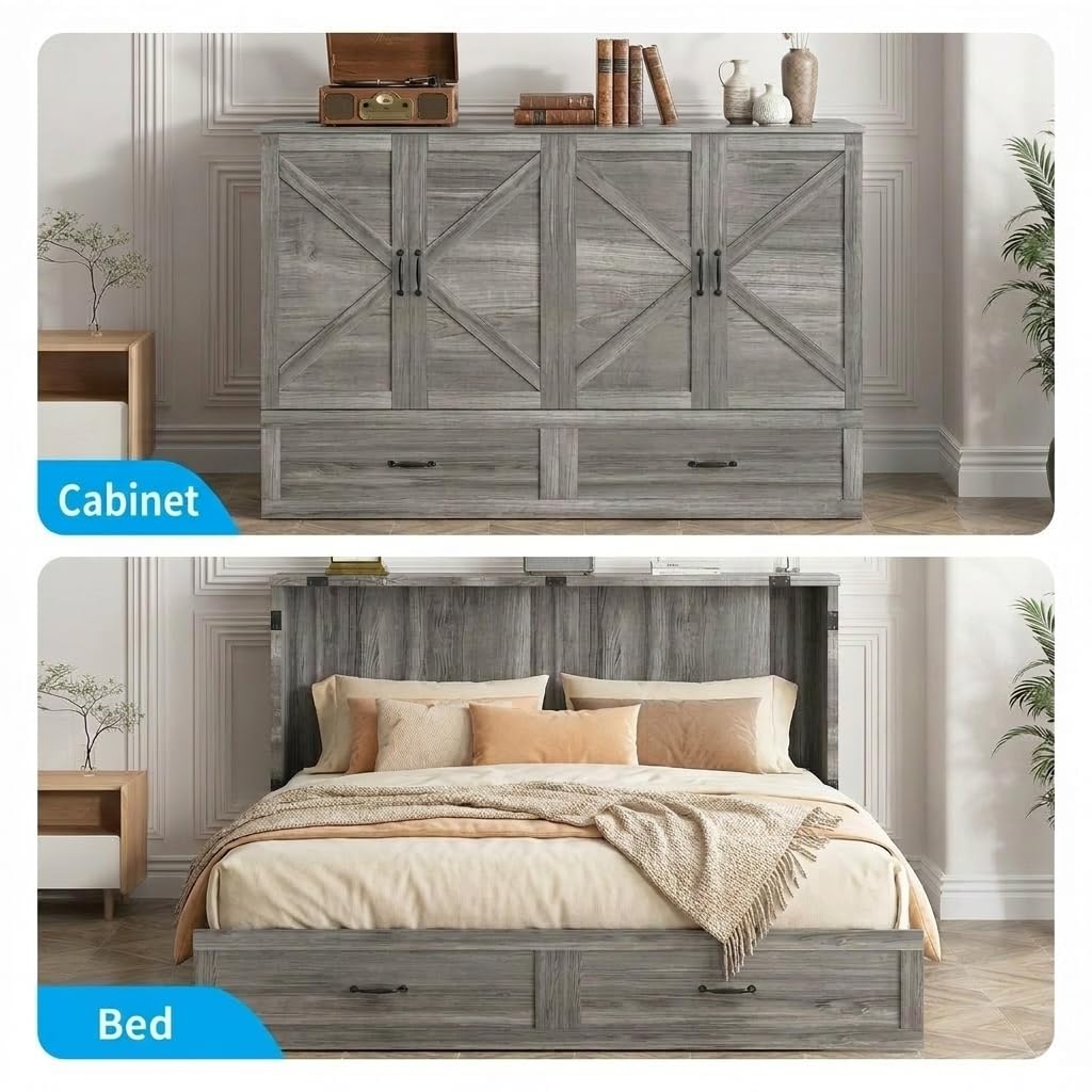 Mjkone Murphy Bed, Cabinet Beds Queen Size with Mattress Included, USB Charging Port, Drawer, Space Saving Queen Murphy Chest Bed, Hidden Cabinet Guest Wall Beds for Bedroom, Apartment, Grey