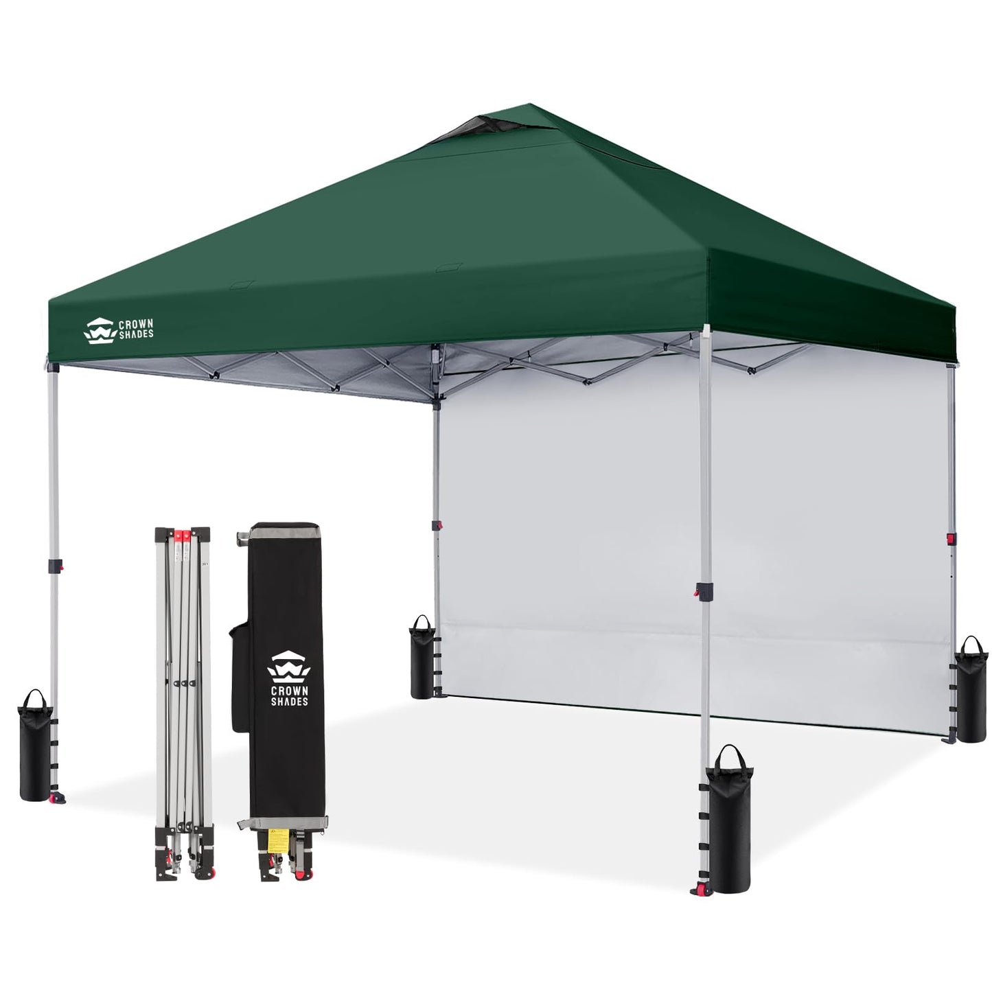 CROWN SHADES 10x10 Pop Up Canopy with 1 Side Wall - Beach Tent with One Push Setup - Outdoor Sun Shade for Events, Parties, Camping - Gazebo with STO-N-Go Cover Bag (Forest Green)