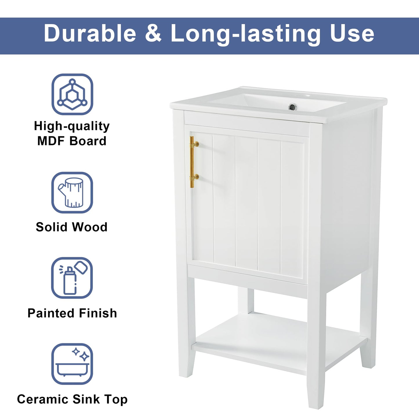 20" Small Bathroom Vanity with Ceramic Sink Top and Open Shelf, Soft-Closing Door and Rack Shelf, Solid Wood Legs, White