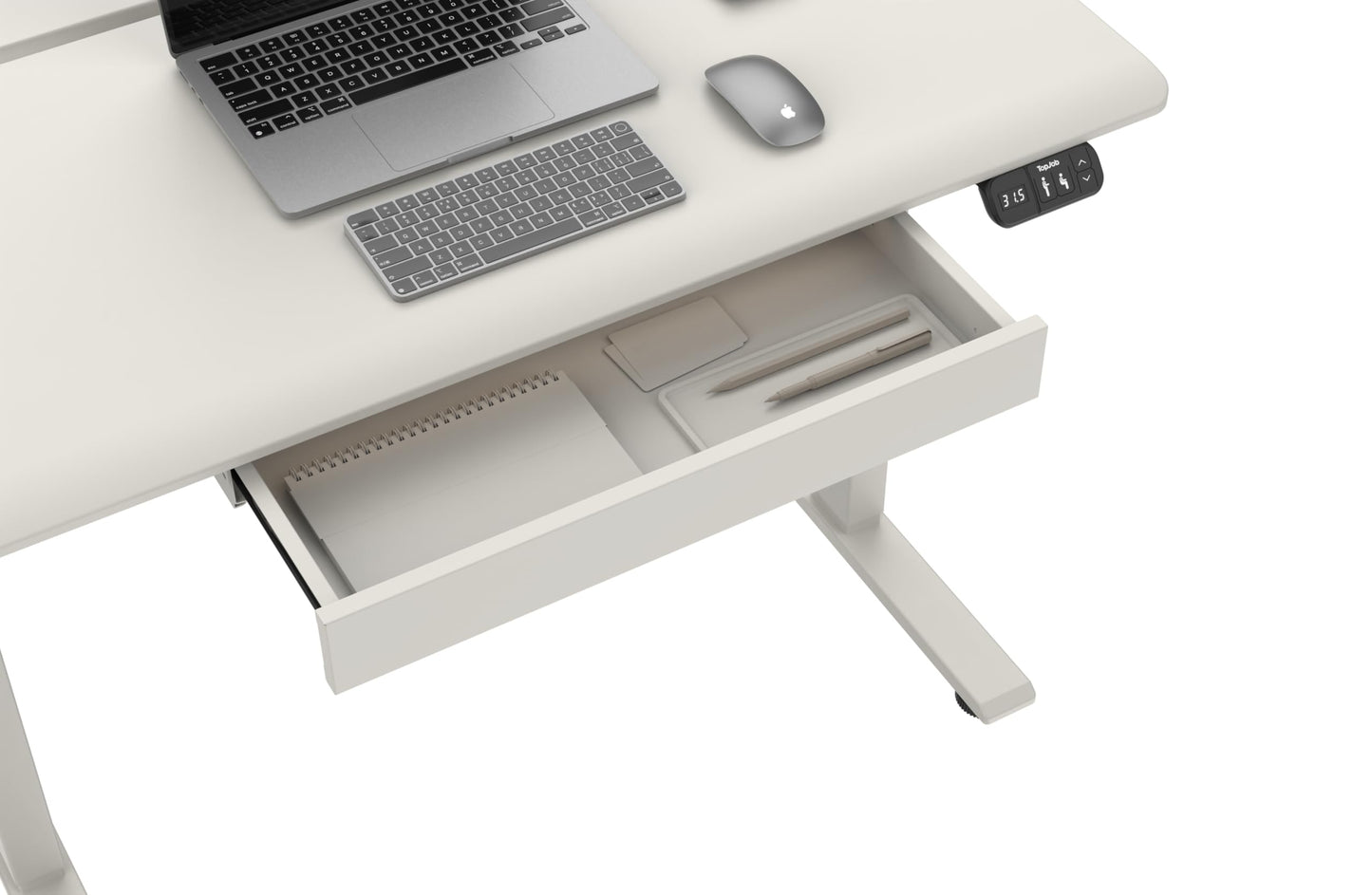TopJob AnyDesk Hub Electric Standing Desk, Height Adjustable Small Desk with Built-in Drawer & Wide Desktop Wire Slot & Cable Management, Curved Waterfall Edge, 2 Memory Settings (Cream)