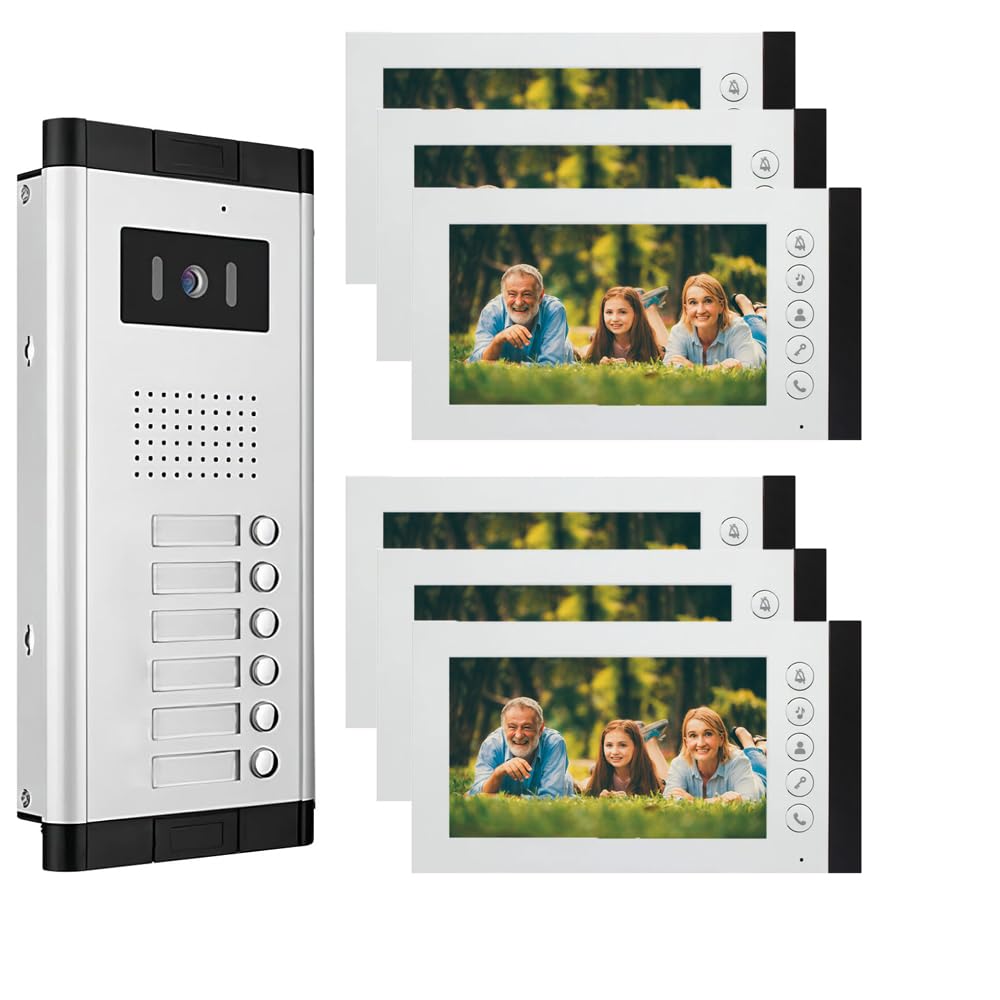 Wired Video Intercom System,7 Inch Ring Video Doorbell with IR Night Vision,HD Camera Kits,IR Outdoor Camera,Dual-Way Intercom for Villa Home Office Apartment (1 Bell +6 Monitor)