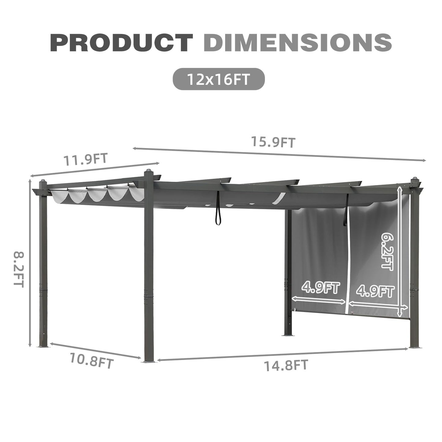 BPS 12x16 FT Outdoor Pergola - Retractable Shade Canopy with Aluminum Frame & Roller Shade Curtains for Patio, Backyard, or Deck, Gray