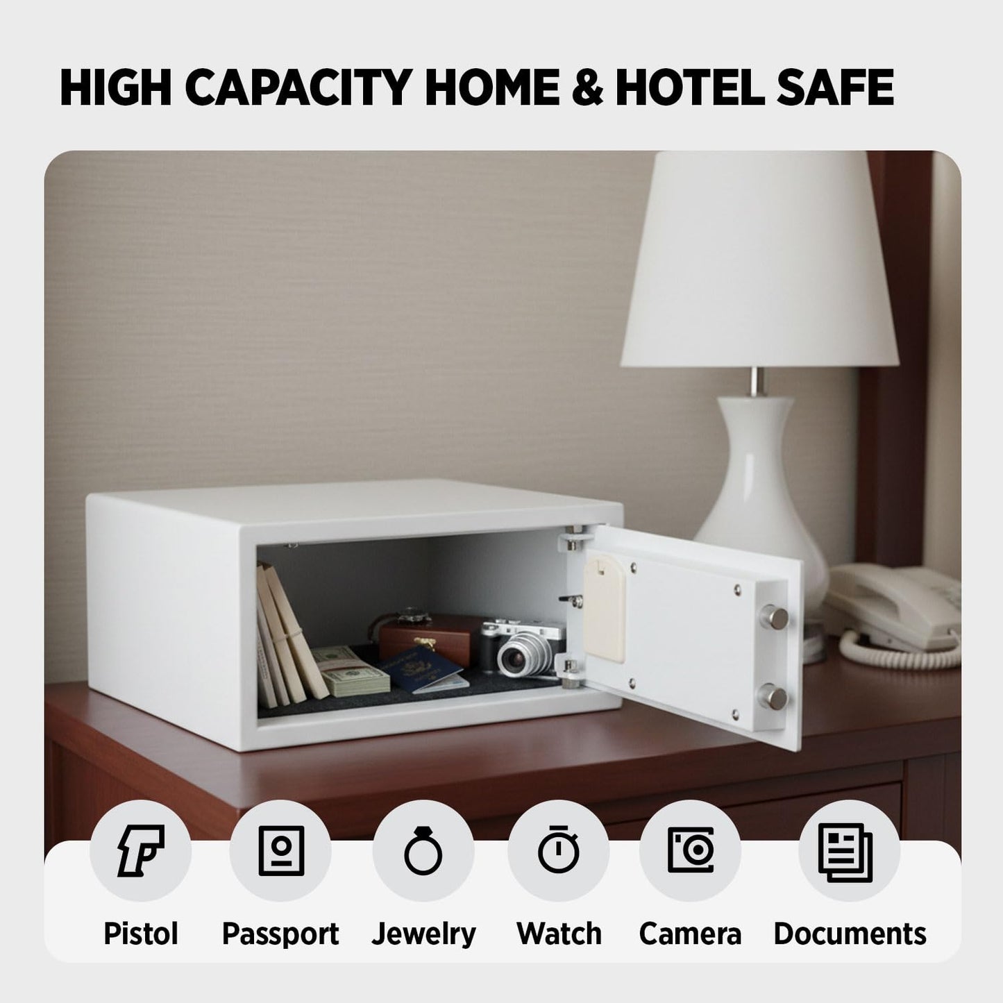 ISLANDSAFE Hotel Safe 1.1 Cubic Feet Home Safe with Digital Keypad,Hotel & Home Dual-Use Safe with Audit Function,Administrator Password,Security Lock Box for Laptop,Jewelry,Watch (White,Digital Code)