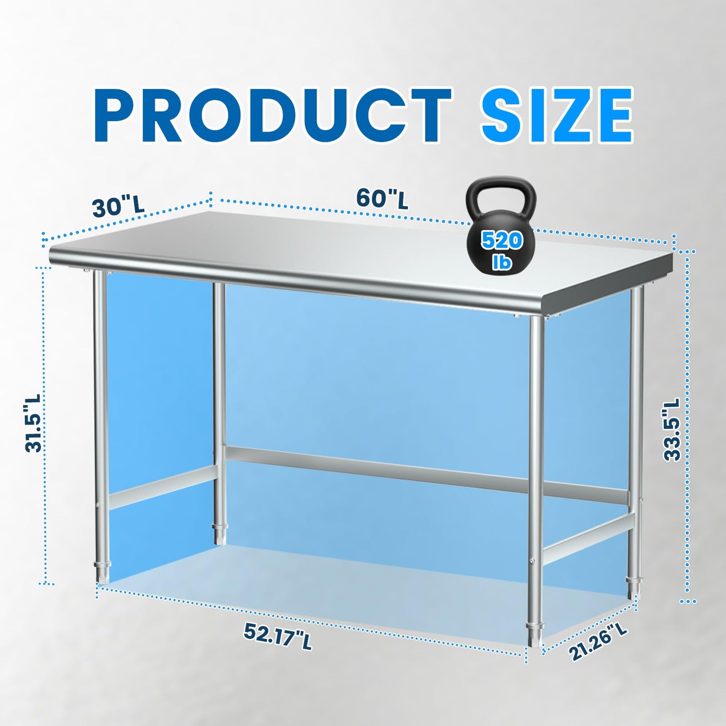 Treshin Stainless Steel Work Table Open Base 30" X 60"