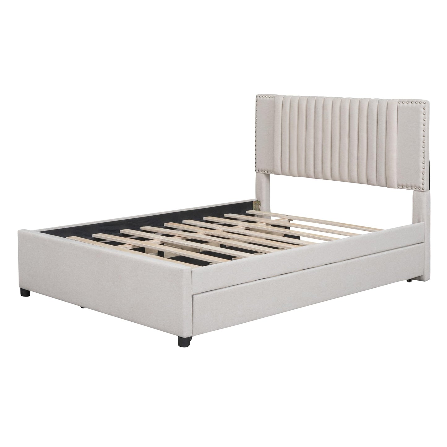 DNYN Full Size Upholstered Platform Bed with Trundle(Twin) & 2 Drawers for Kids Bedroom,Wooden Linen Fabric Bedframe w/Storage & Classic Heardboard,No Box Spring Needed, Beige