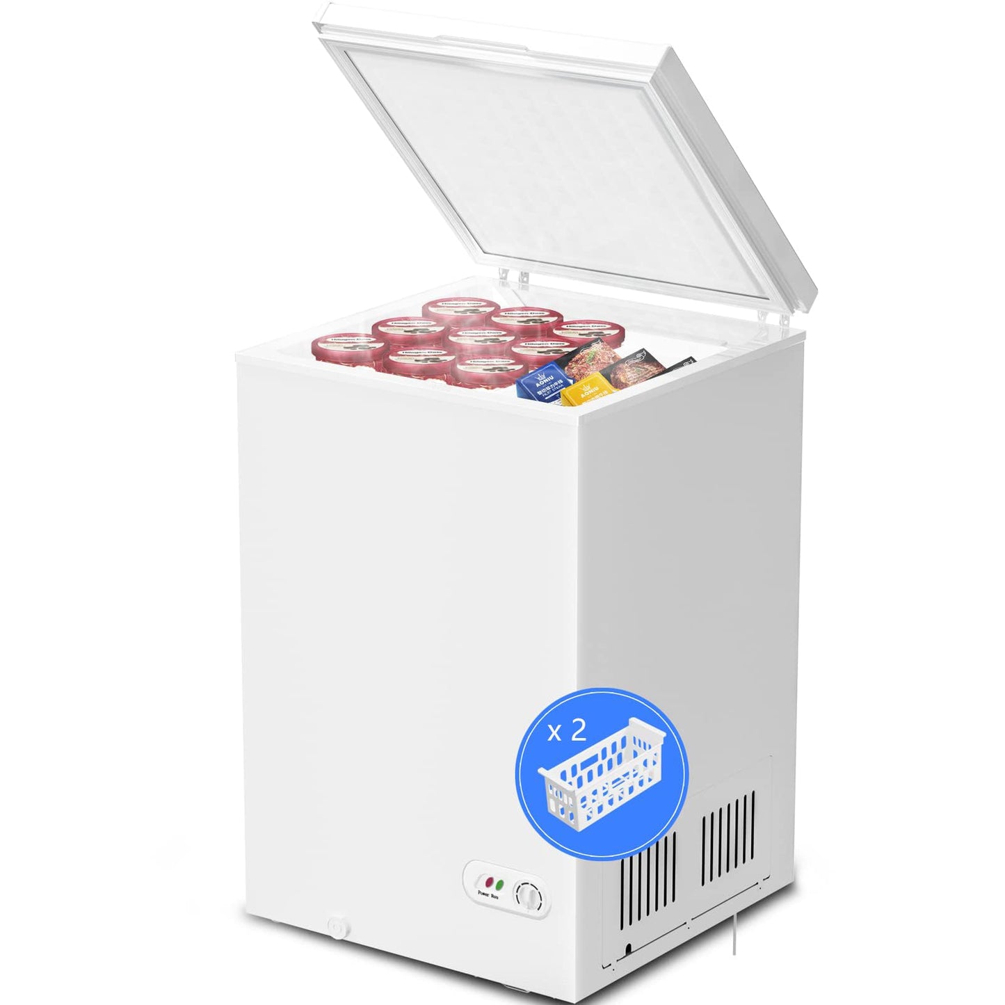 Kismile 3.5 Cubic Feet Chest Freezer with 2 Removable Baskets Free Standing Top Open Door Small Deep Freezer with Adjustable Temperature for Home/Kitchen/Office/Bar (3.5 Cubic Feet, White)