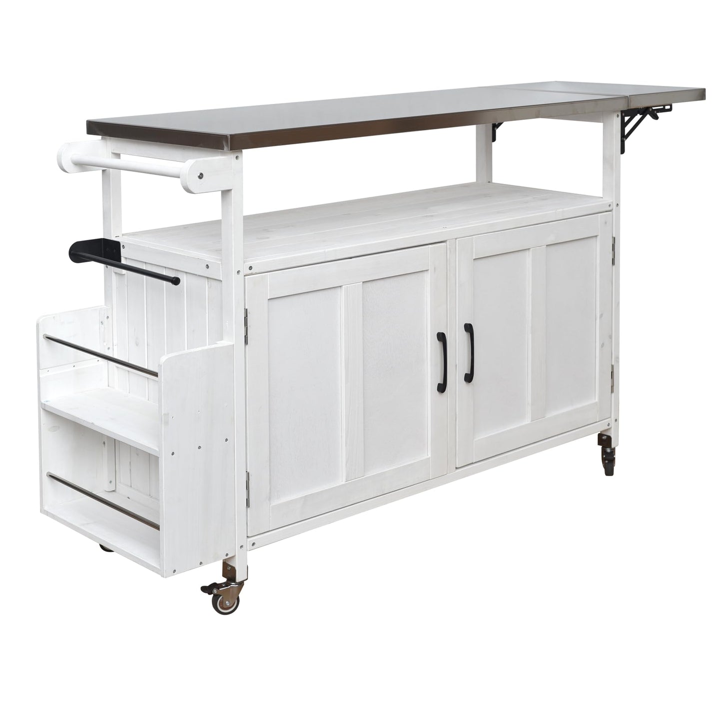 Outdoor Kitchen Island Cart with Foldable Stainless Steel Top, Rolling Grill Table with Adjustable Shelf Storage Spice Rack and Towel Holder, Wooden BBQ Prep Station with Lockable Wheels, White