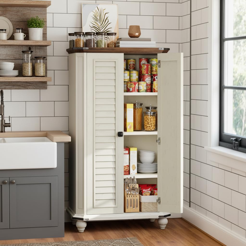 YITAHOME 45" Pantry Cabinet, Kitchen Pantry Storage Cabinet with Doors and Adjustable Shelves, 4-Tier Freestanding Buffet Cupboards Sideboard for Living Room and Dinning Room, White