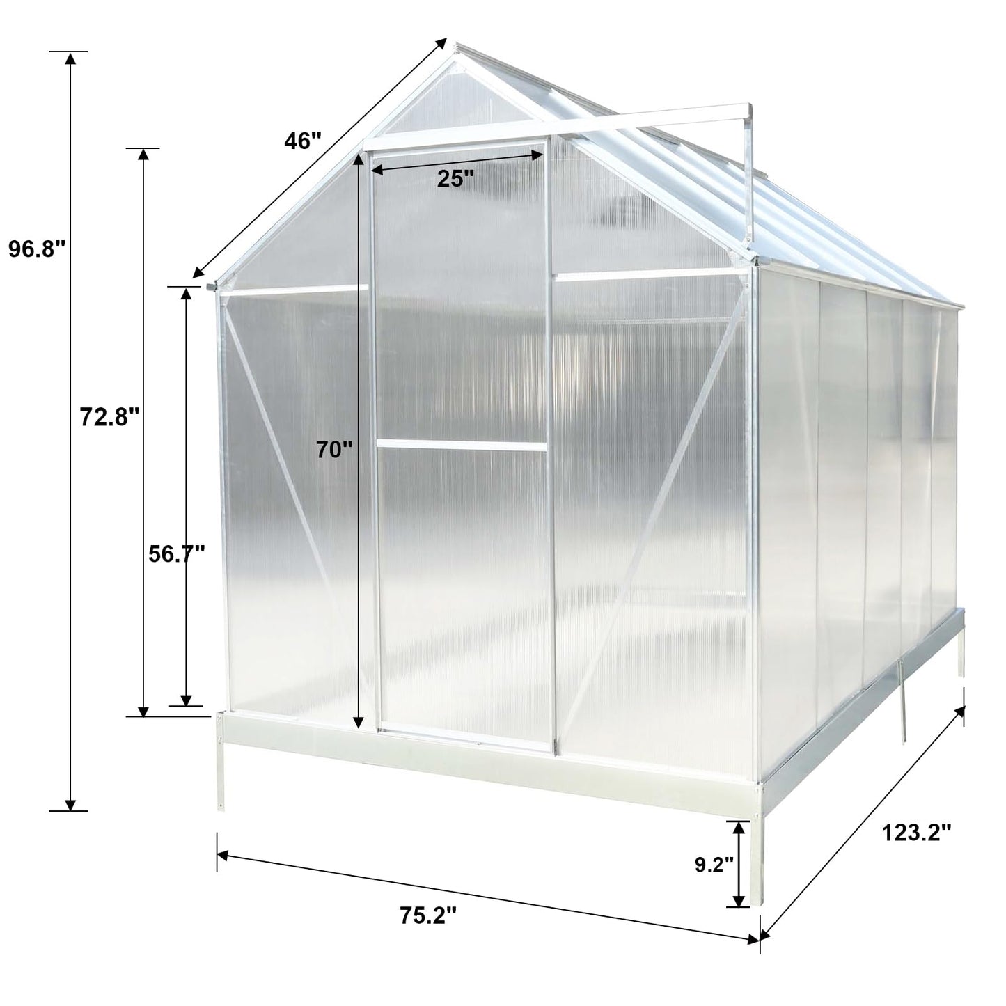 KEIKI 6.3x10.2FT Polycarbonate Greenhouse Walk-in Heavy Duty Outdoor with Aluminum Frame, Clear Panels, Rain Gutter, Adjustable Vent, Sliding Door for Backyard Nursery, UV Safe, Silver