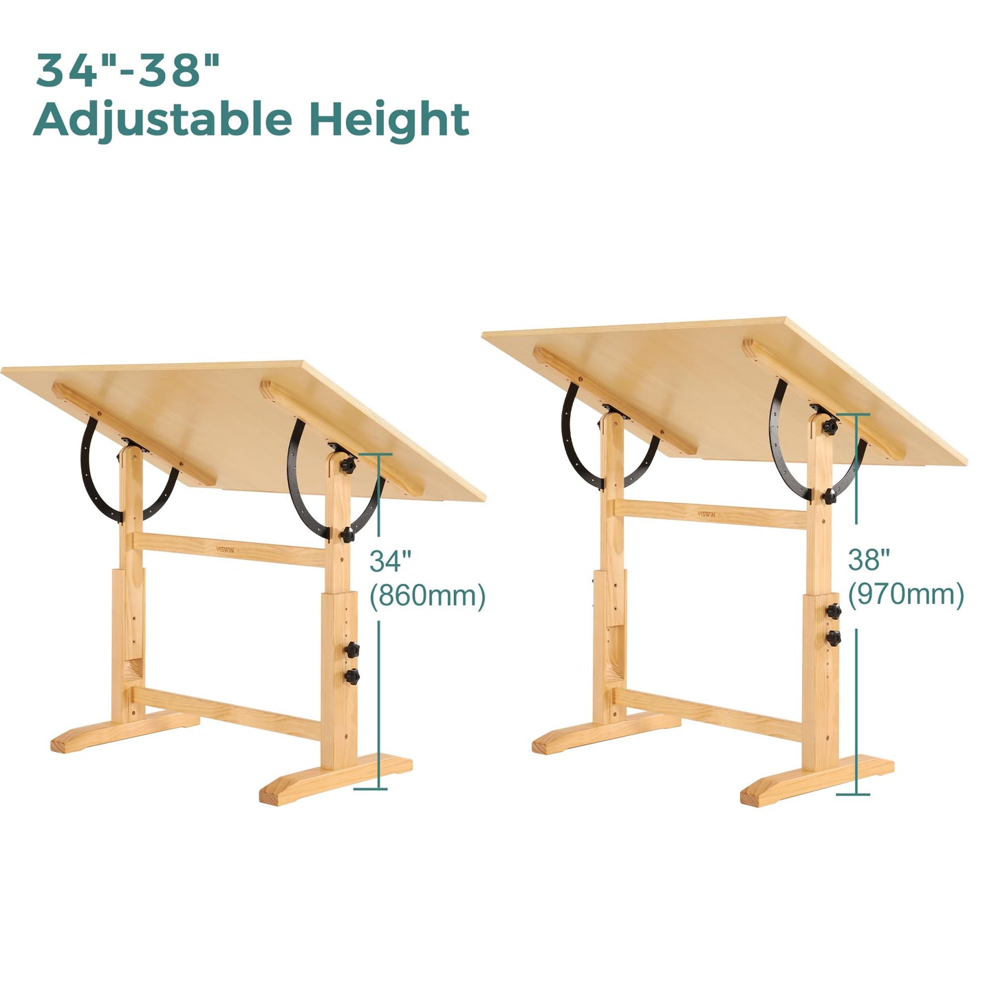 VISWIN Wood Drafting Table for Adults, 30" X 42" Extra-Large Drawing Table with Adjustable Height & Angle for Art Studio, Solid Pine Wood Artist Desk for Drawing, Drafting, Writing, Reading