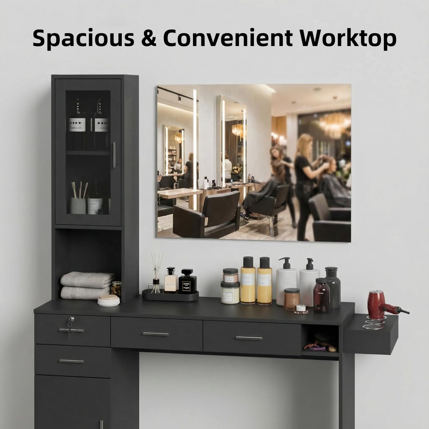 HolaiNail Salon Station for Hair Styling, Wall Mount Barber Salon Cabinet with 3 Hair Dryer Holders, Drawers & Shelves, Beauty Spa Storage Equipment Salon Furniture Without Mirror, Black