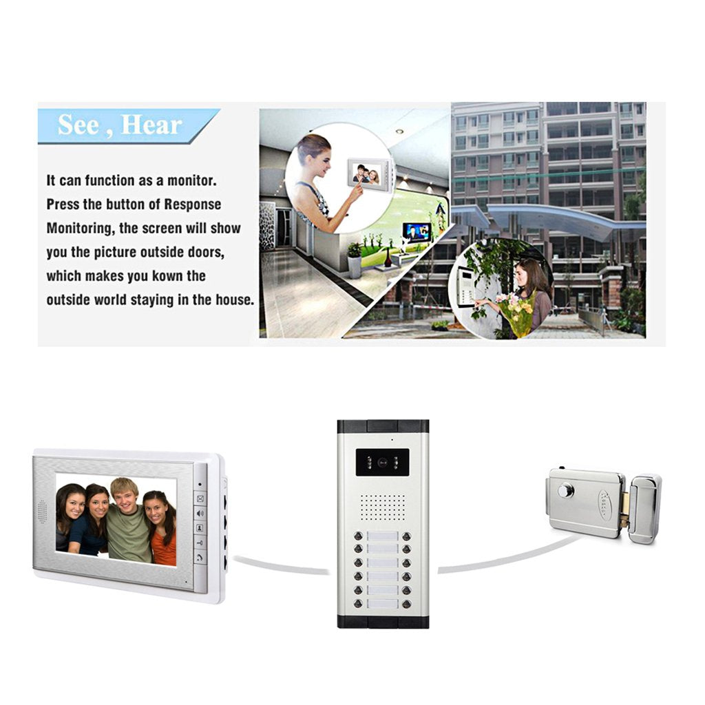 AMOCAM Apartment Video Intercom System, 4 Household Video Doorbell Kits, Wired 7 Inches Monitor, IR Outdoor Camera Support Monitoring, ID Unlock, 2 Way Intercom, 1- Camera and 4-Screen