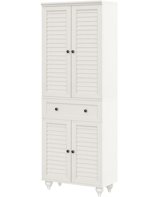 Foxemart 80" Tall Storage Cabinet with Louvered Doors and Adjustable Shelves, Farmhouse Kitchen Pantry Cabinet, Freestanding Storage for Dining Room, Living Room, Home Office, Bathroom, Rustic White
