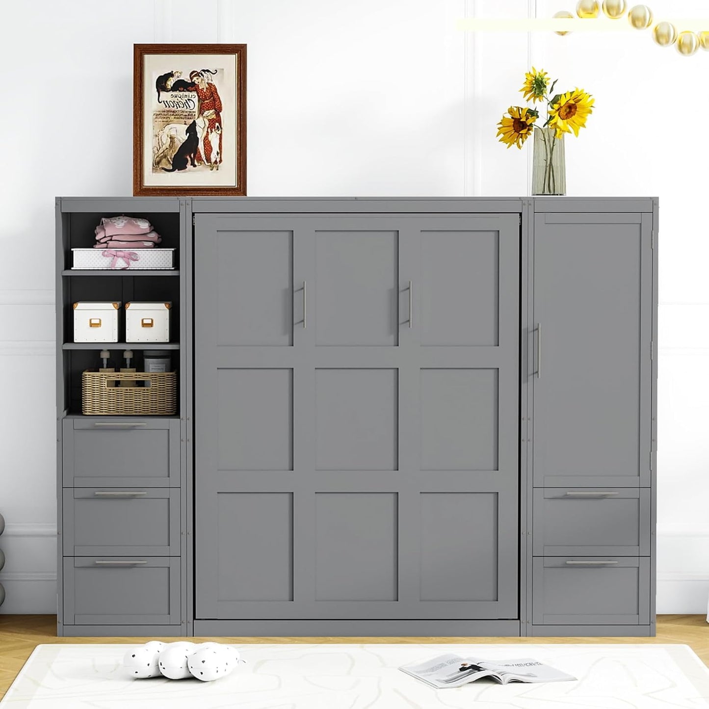 Queen Murphy Bed with Storage Wardrobe Closet,Drawers and Open Shelves,Wood Folding Farmhouse Murphy Wall Bed with Shelves,Space-Saving for Small Spaces Studio Study Office Guest Room (Grey)